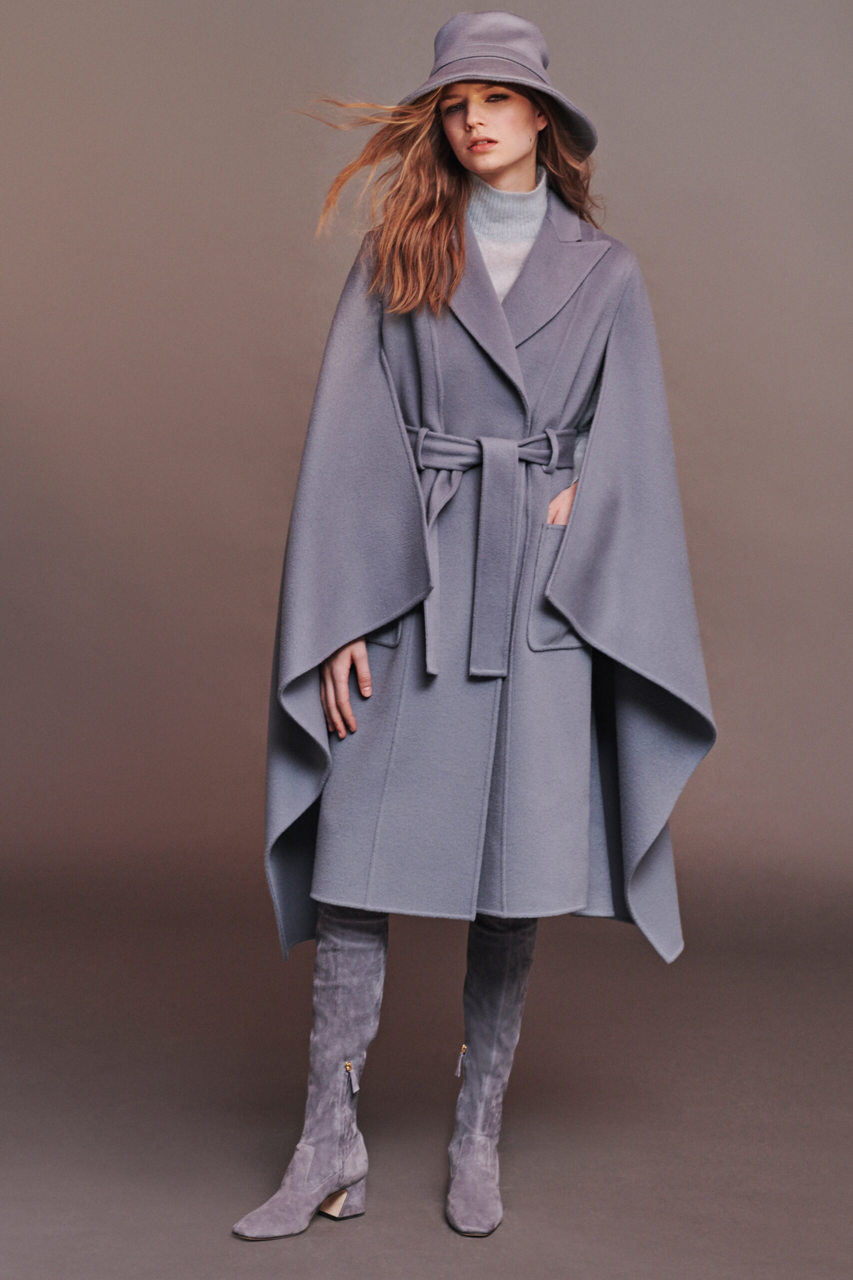 gray wool cape and sweater