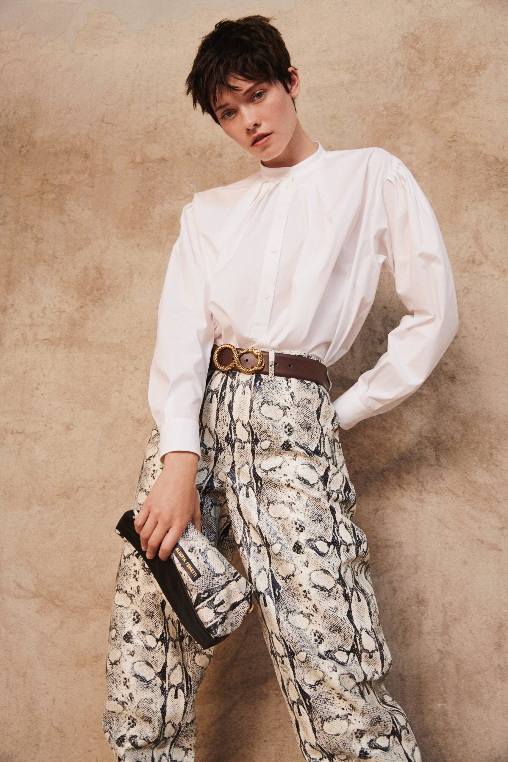 white relaxed shirt with printed pants