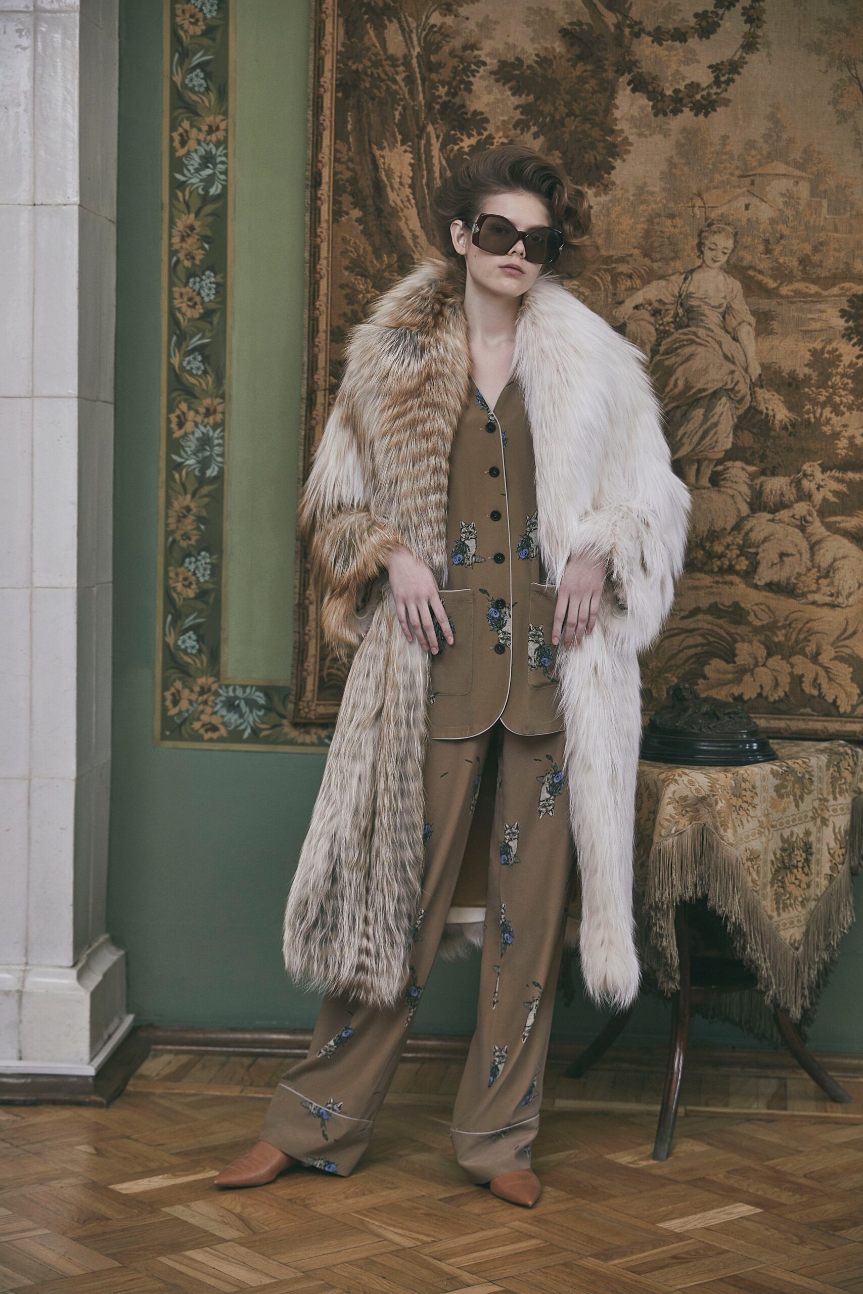 brown fur coat with embroidered outfit