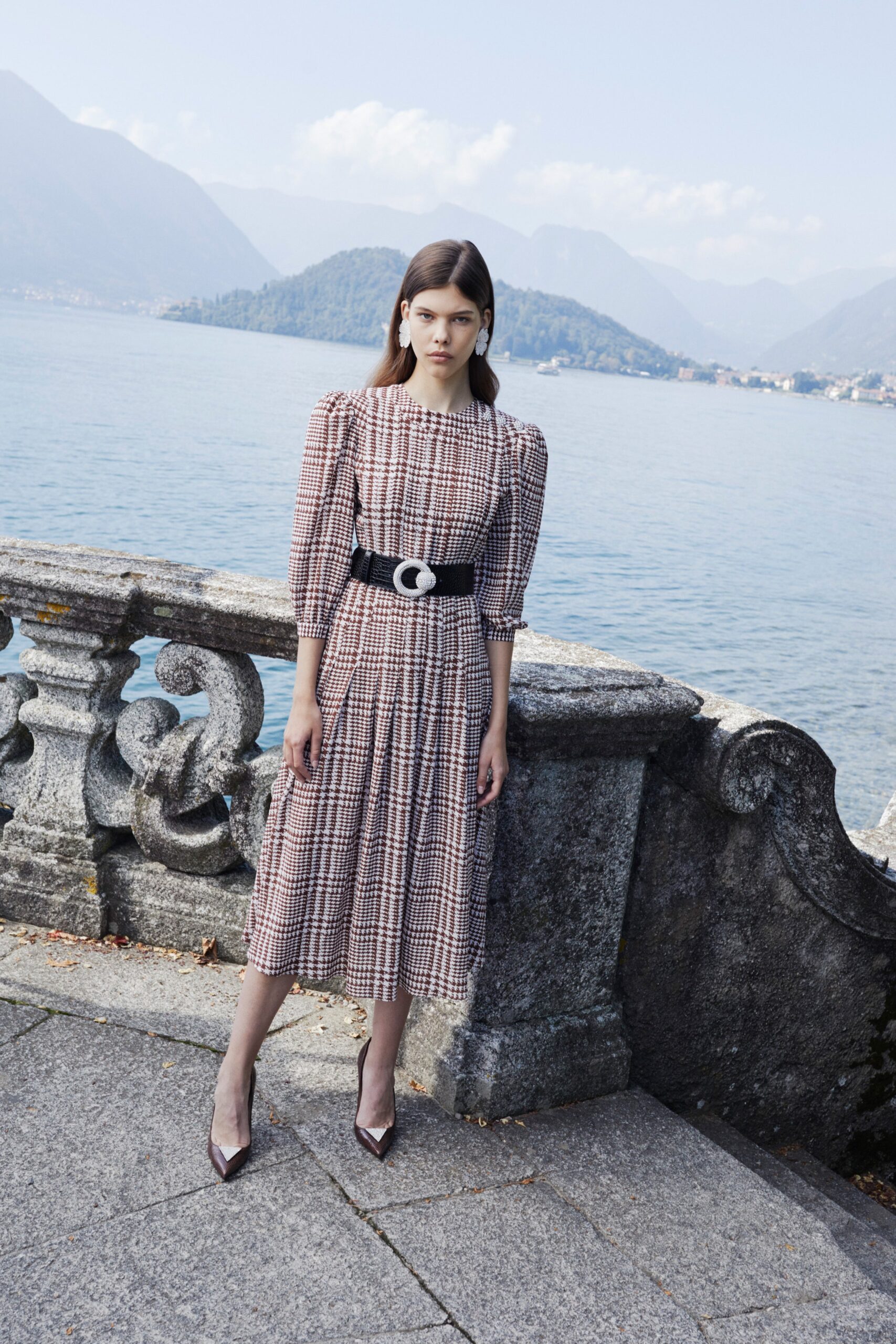 brown beige pleated midi dress
