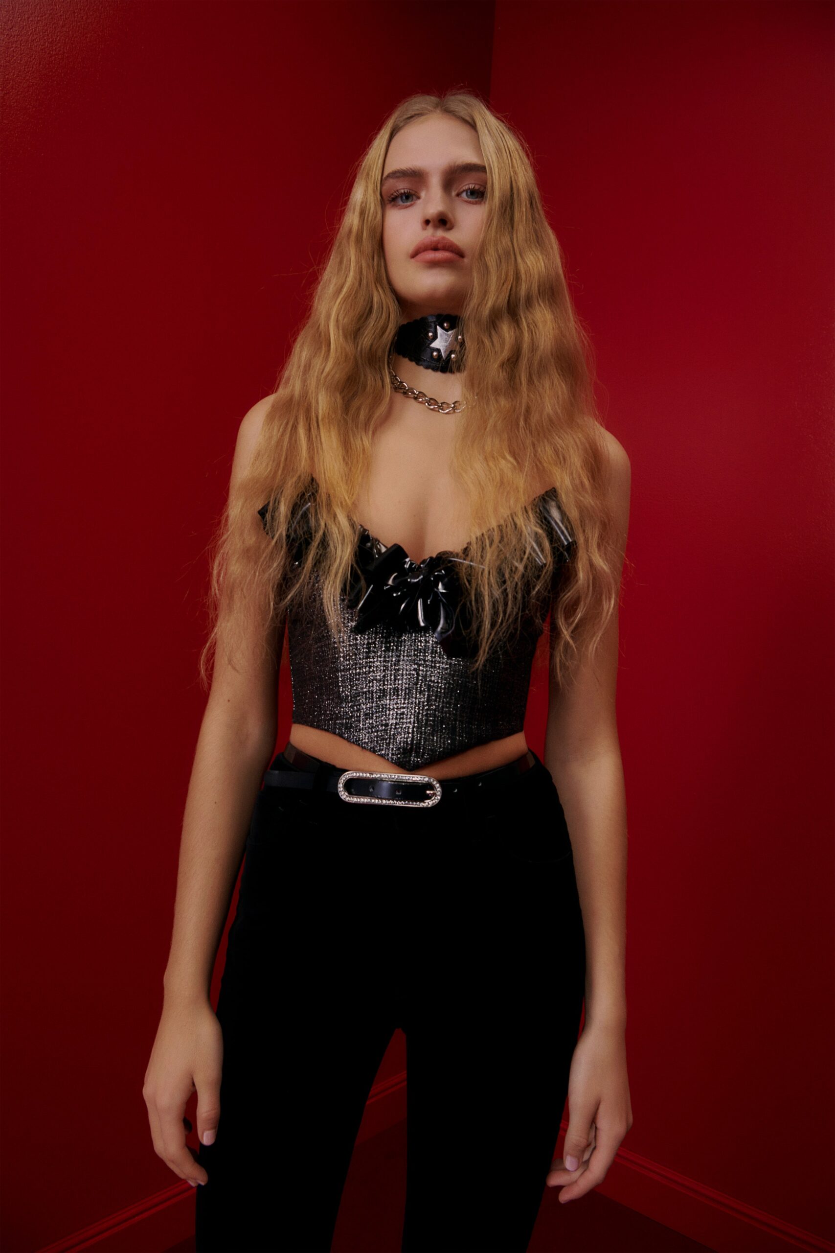 black fitted bustier and pants
