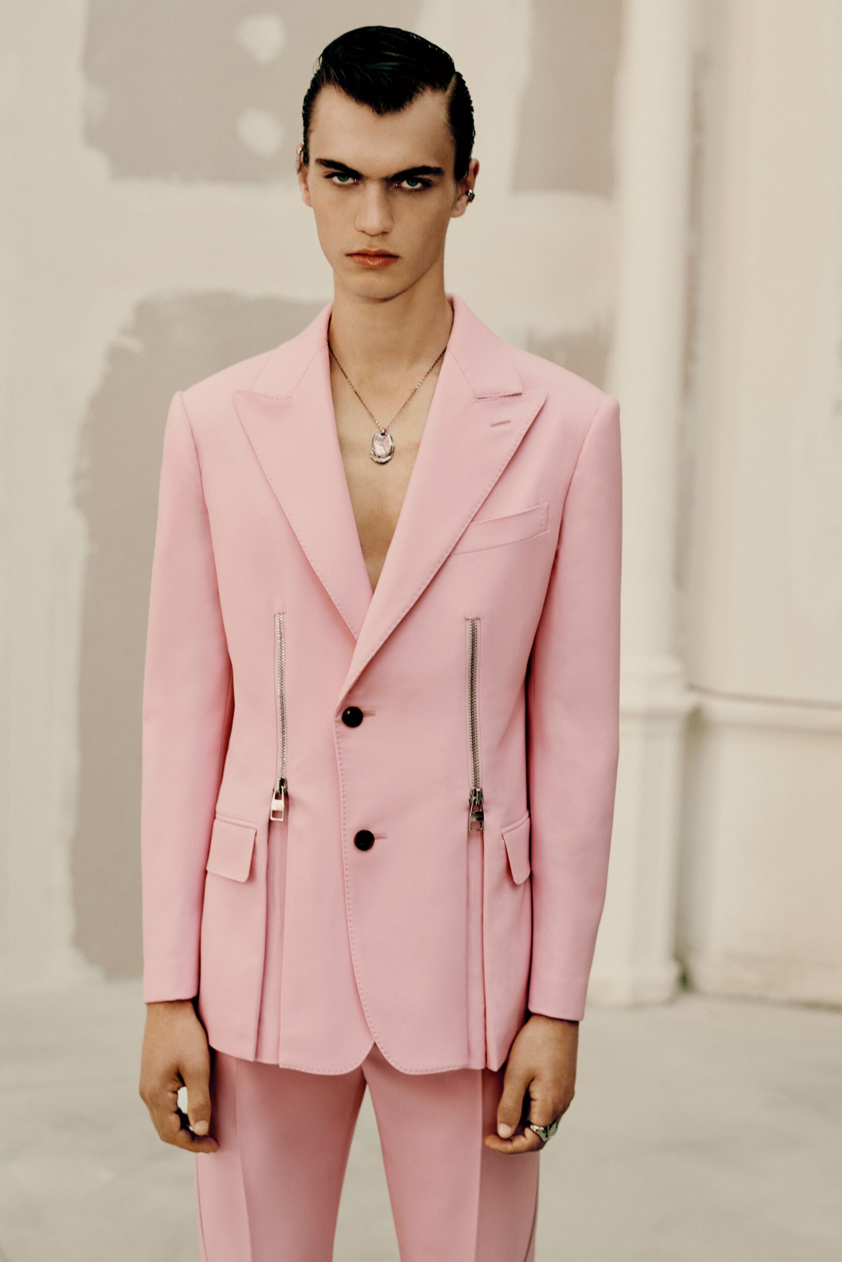 pink tailored blazer and pants