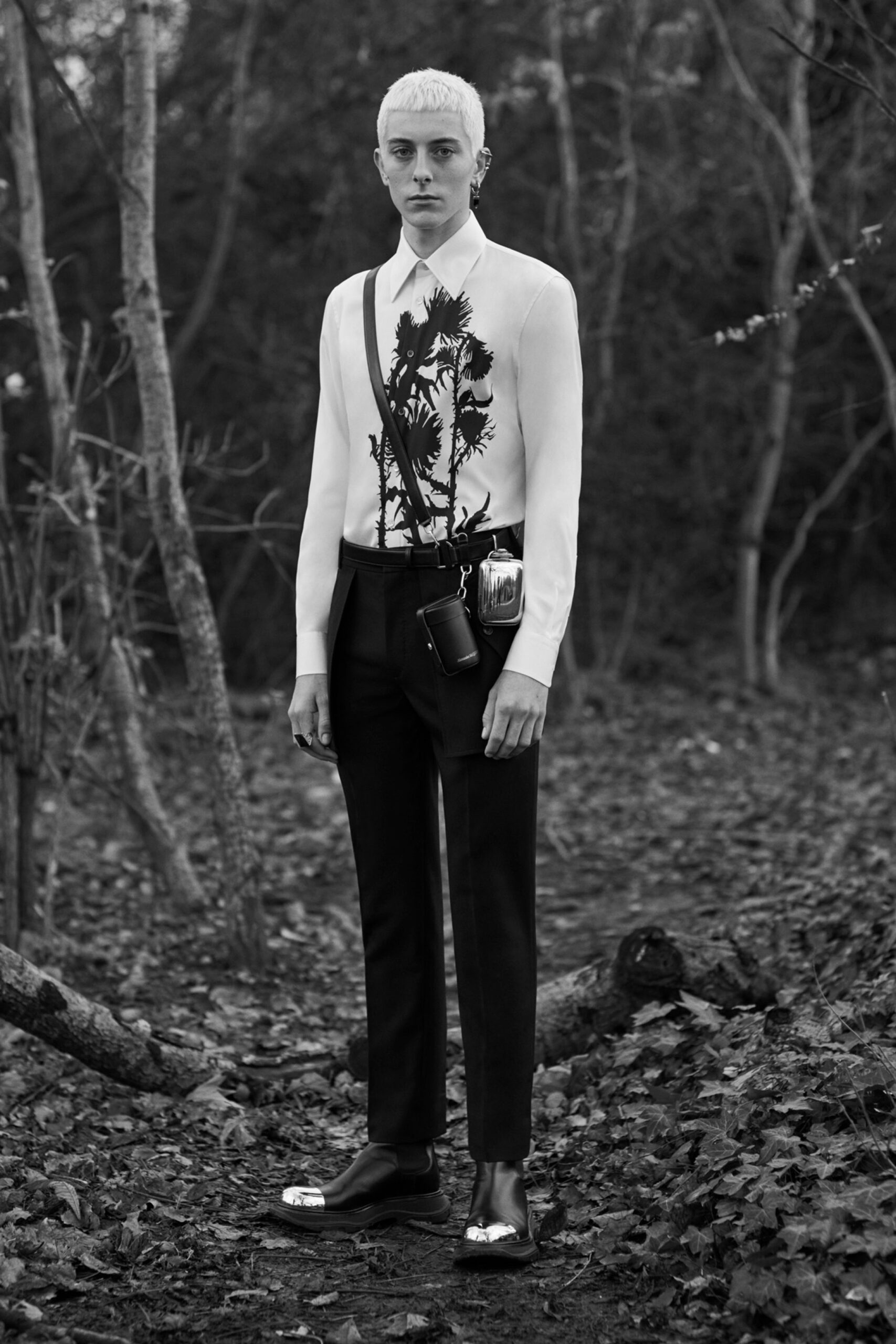 white printed shirt black pants