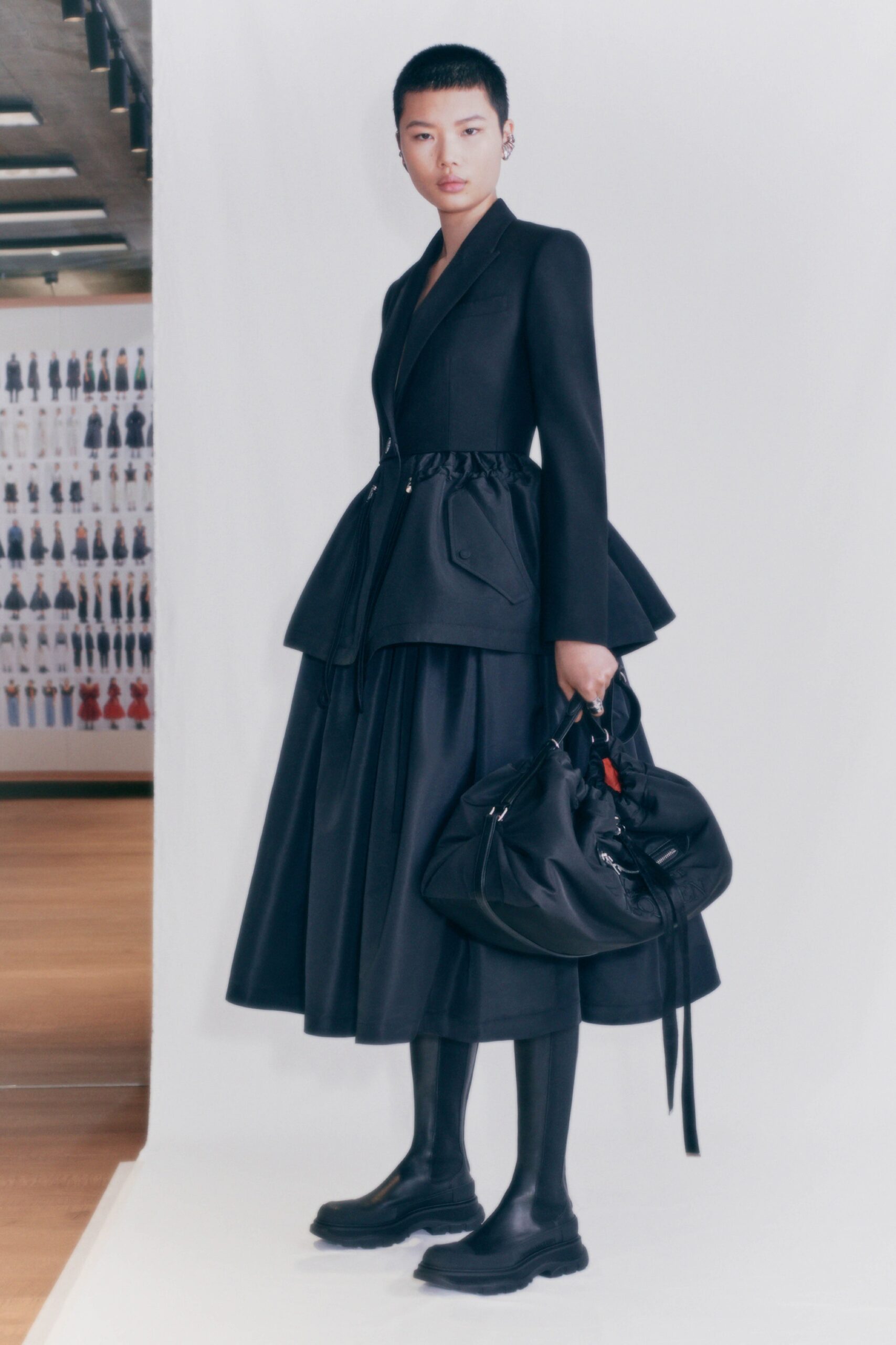 black cotton relaxed tiered midi skirt