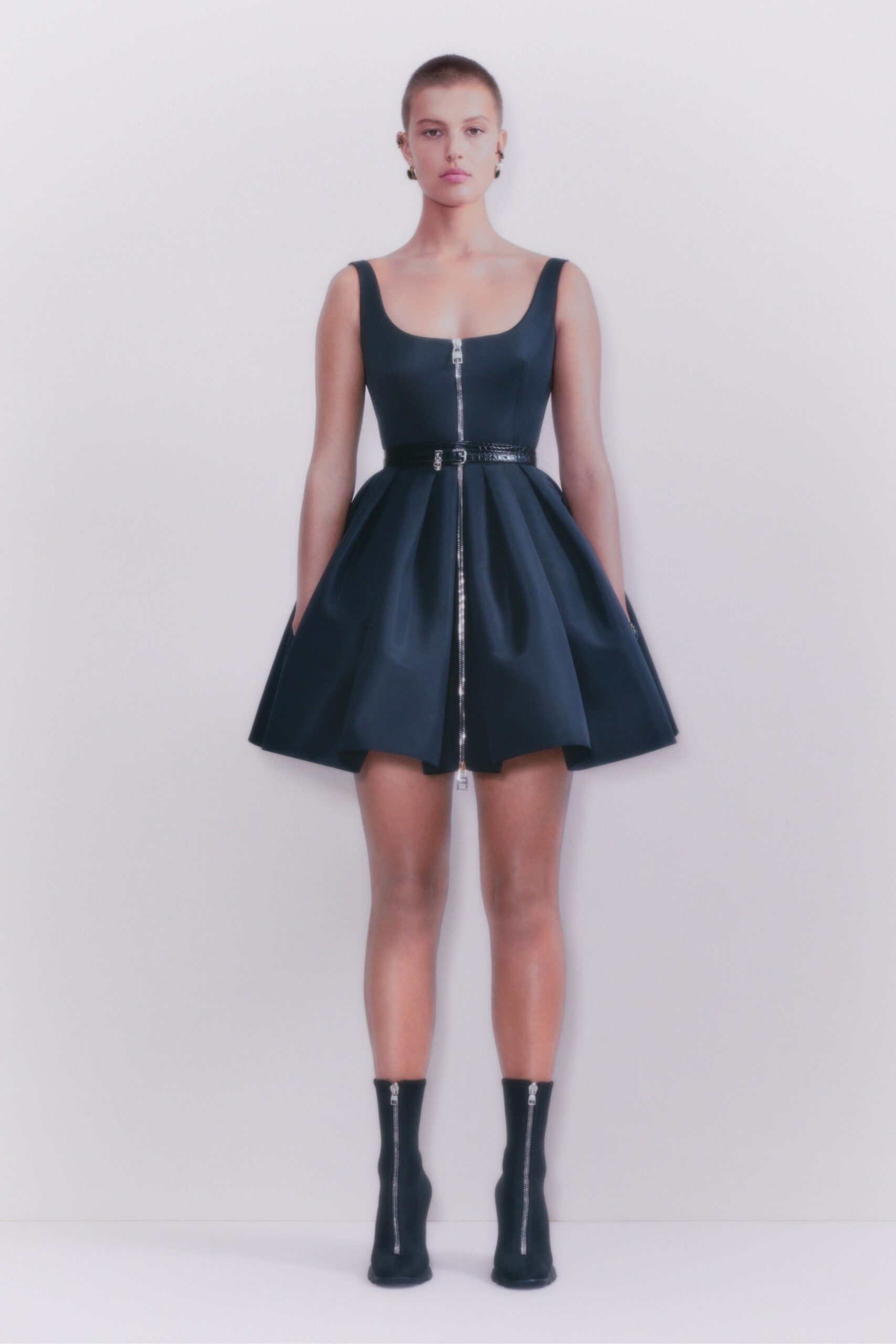 black silk mini dress with boots