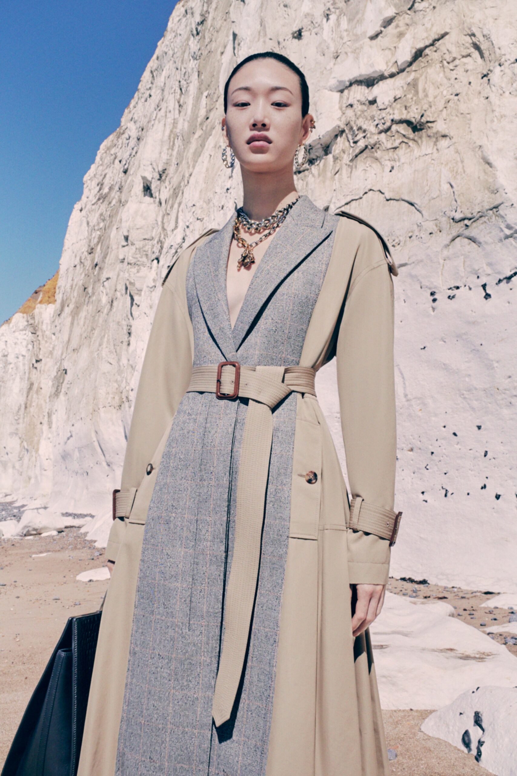 beige cotton long-sleeve collared fitted belted midi trench