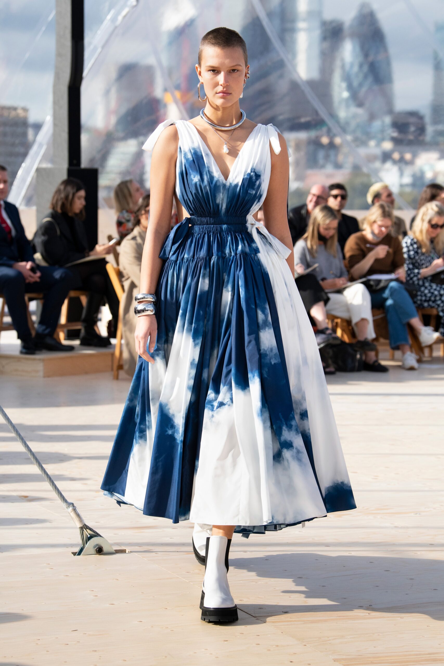 blue and white draped midi dress