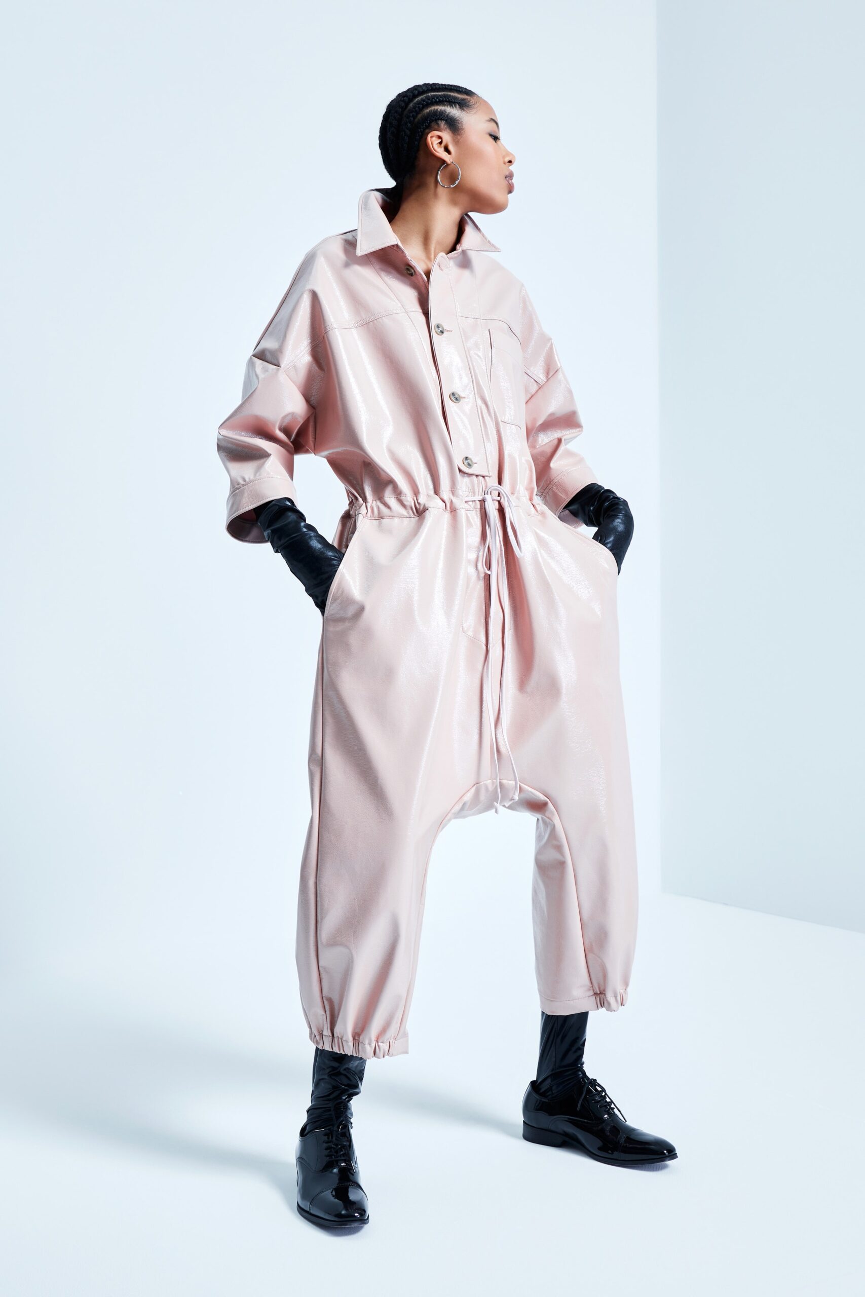 pink vinyl relaxed jumpsuit