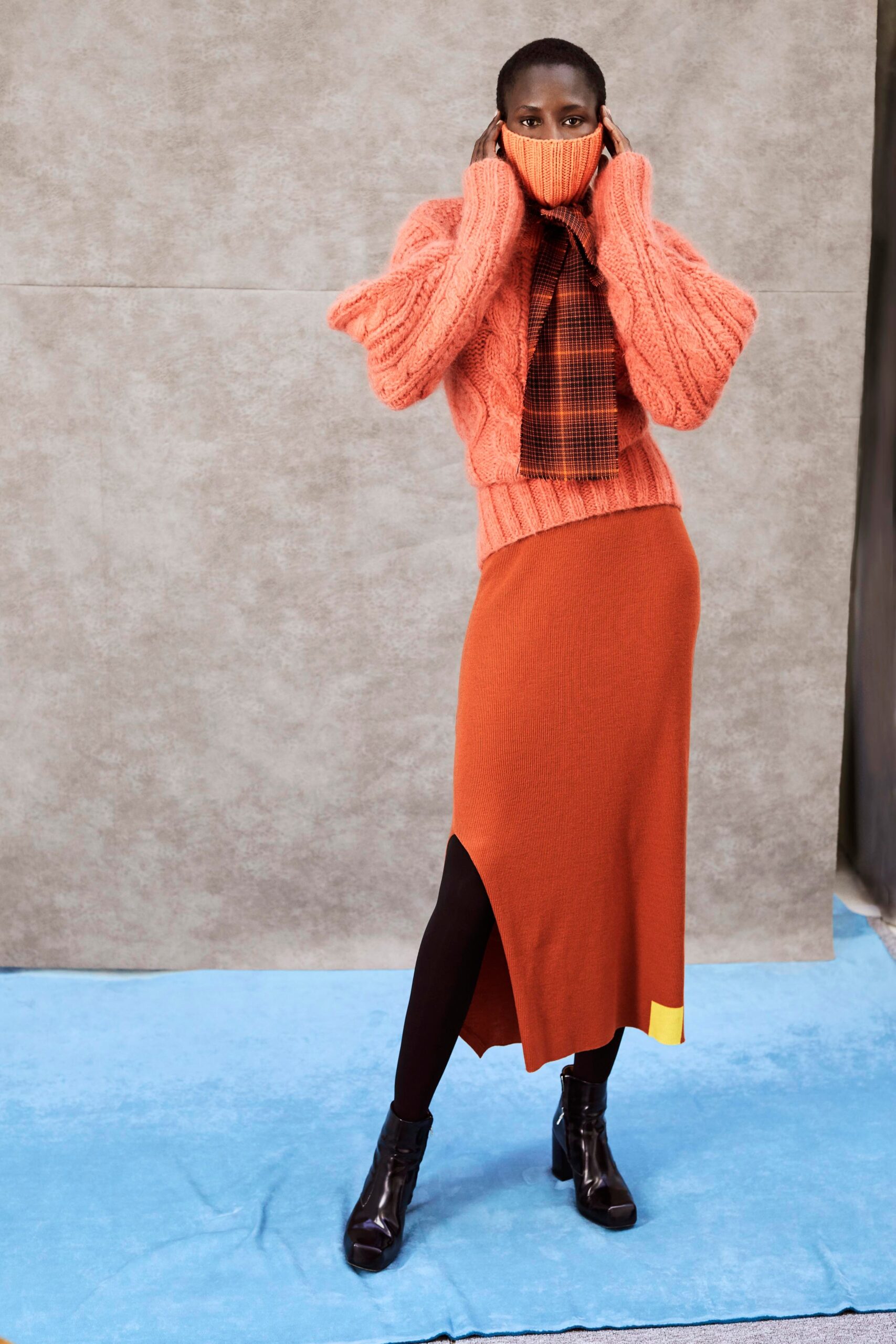 orange wool long-sleeve high-neck fitted ribbed sweater