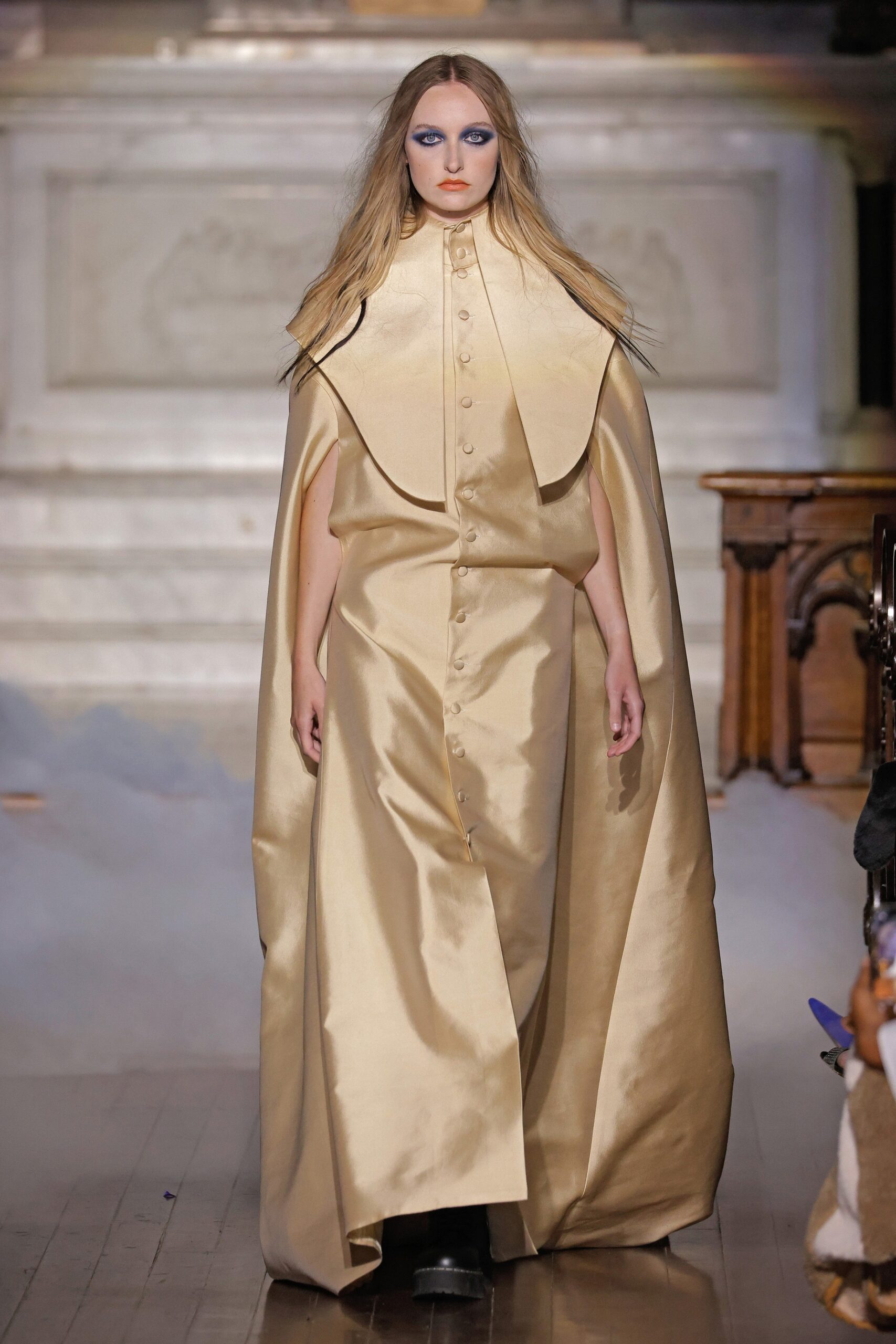 gold silk cape and dress