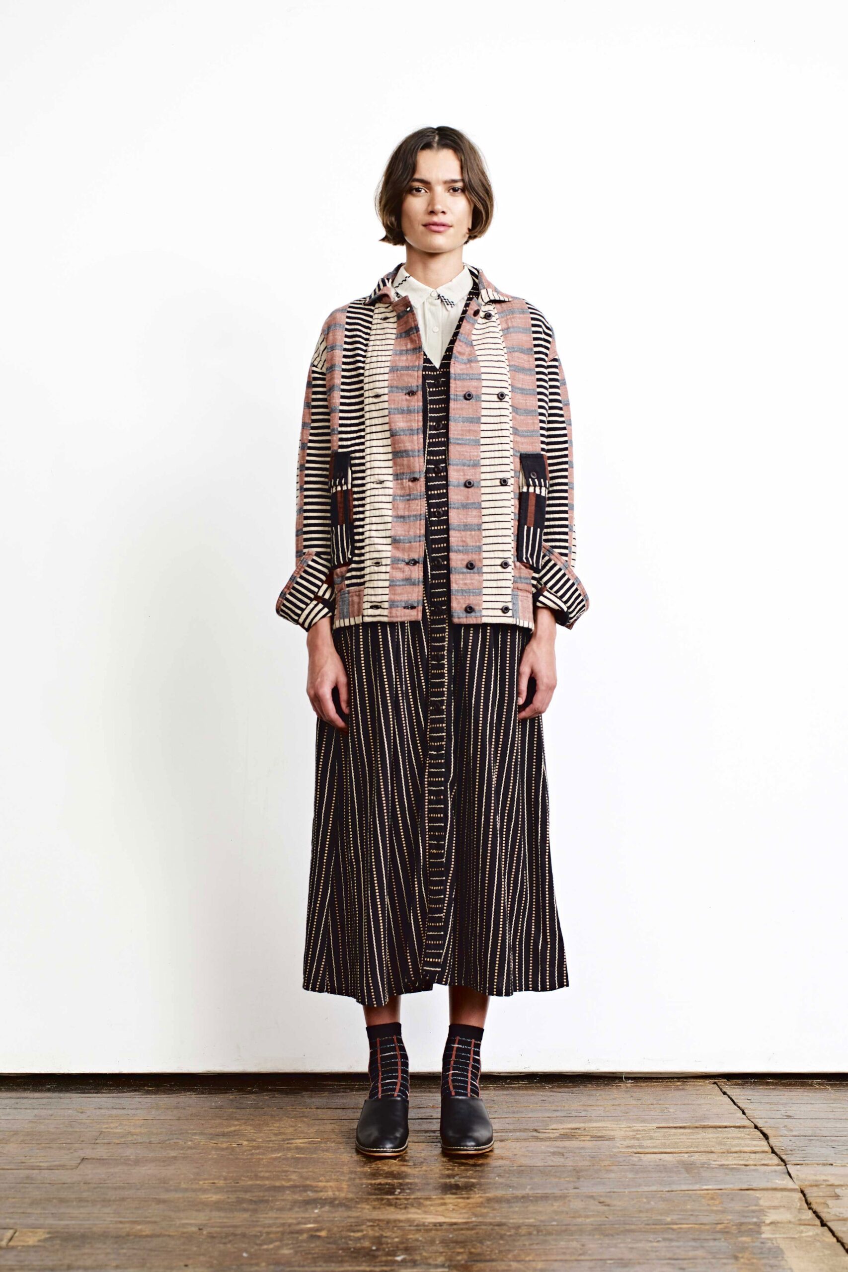 striped jacket and midi dress