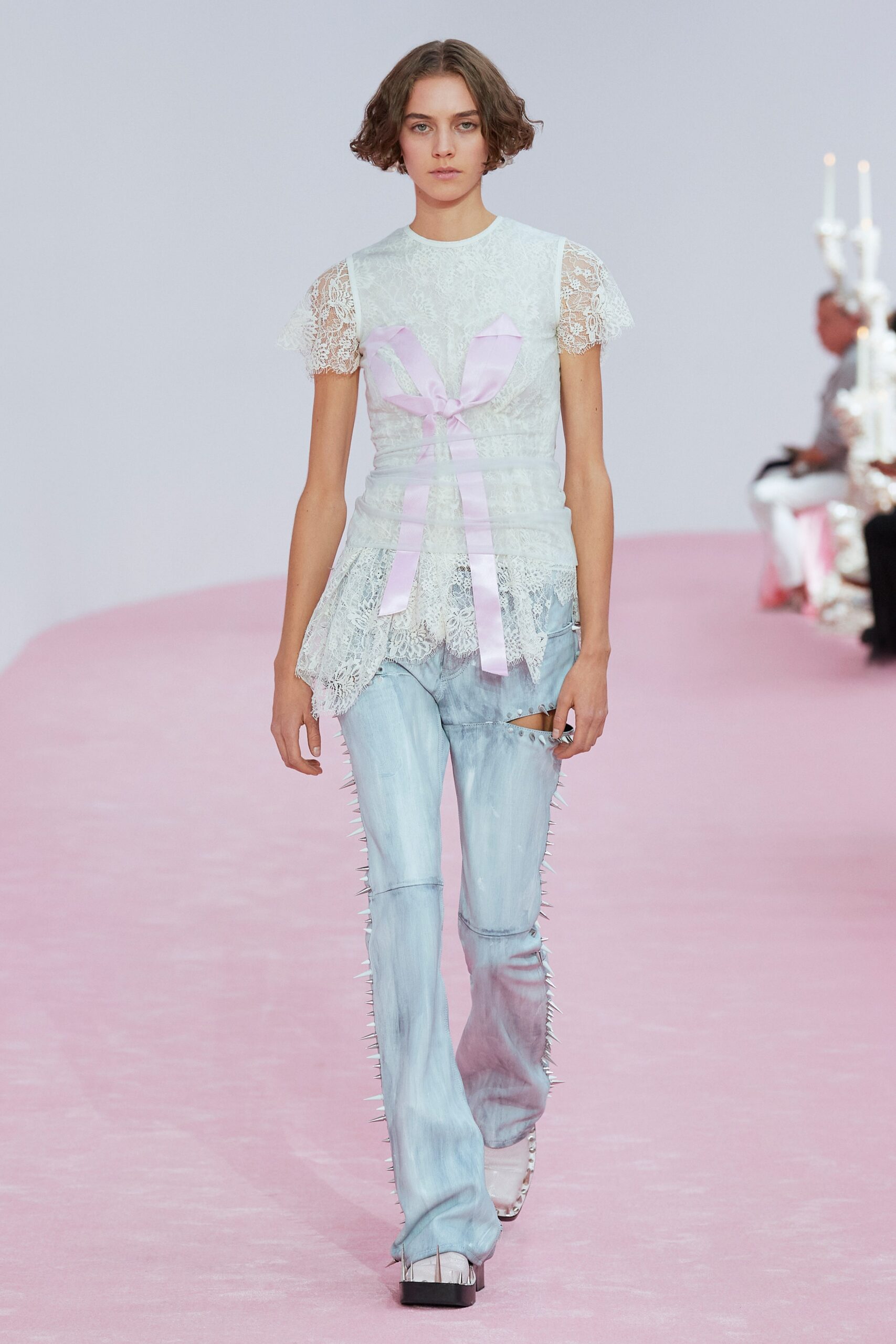 blue denim fitted flared shiny pants