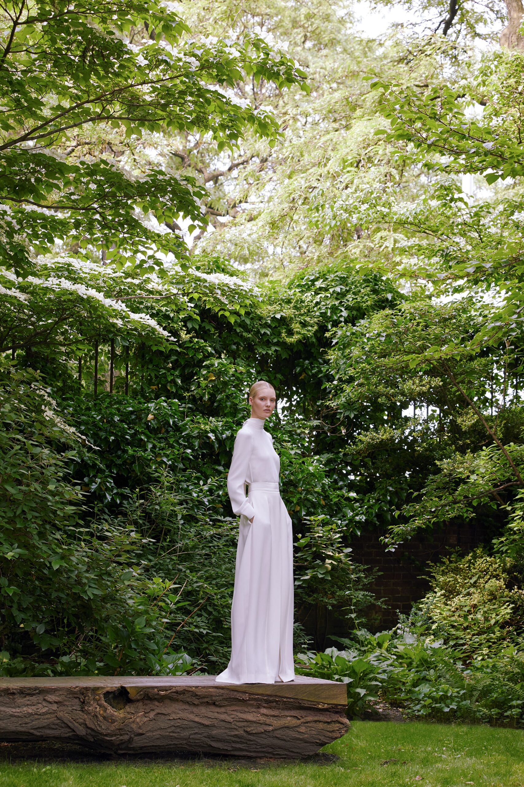 white silk long-sleeve dress