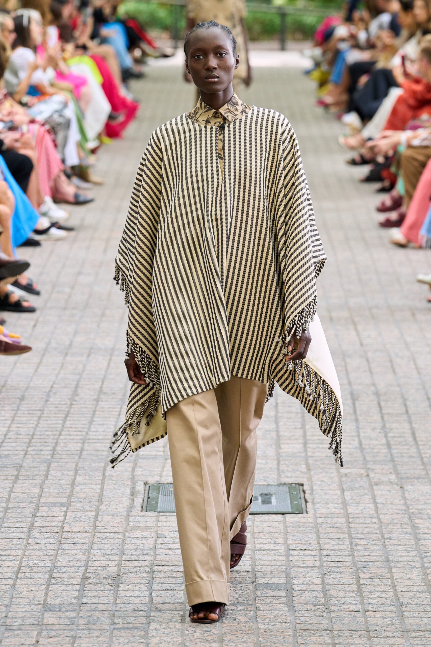 black cotton sleeveless collared relaxed striped fringed poncho