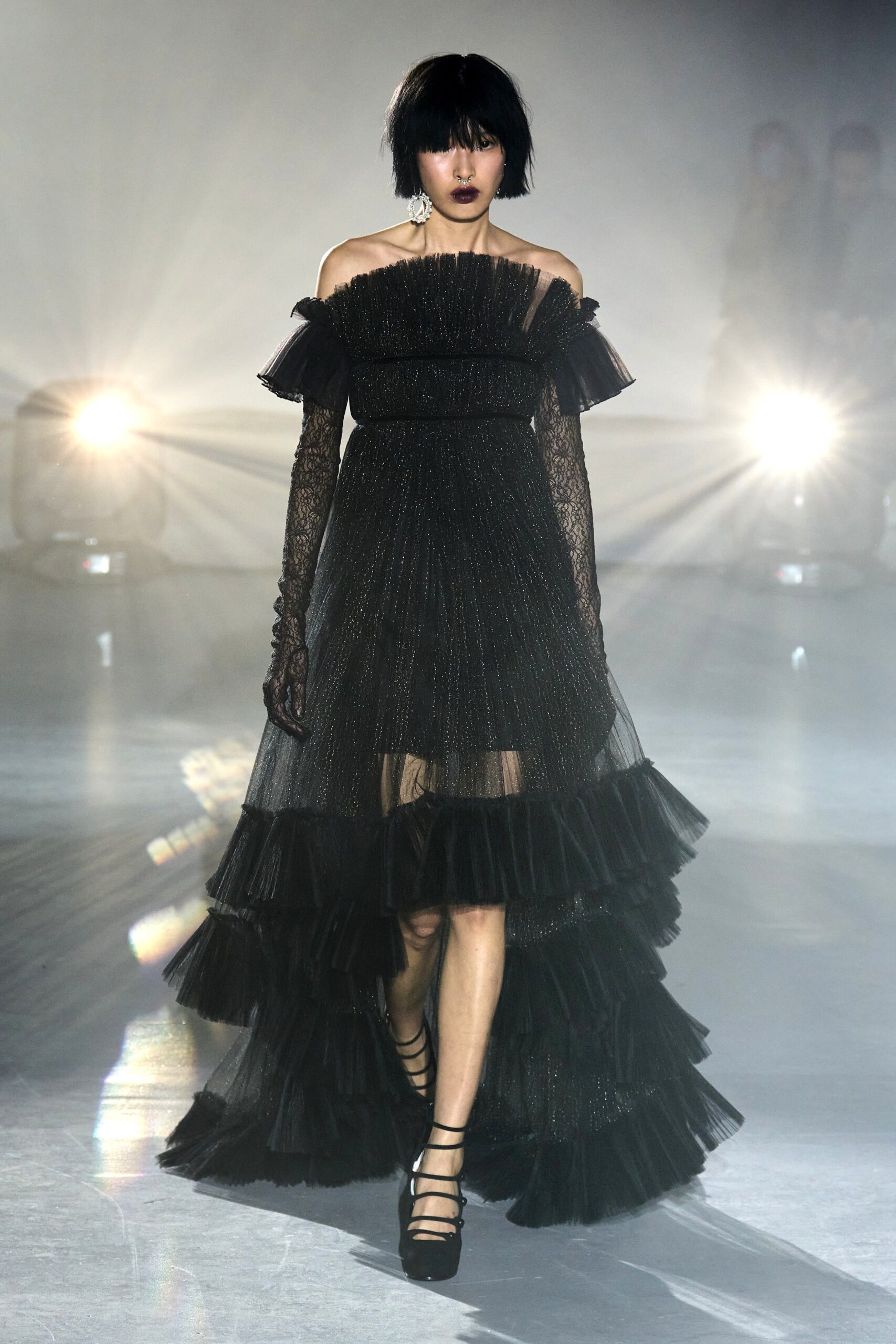 black off-shoulder tiered gown