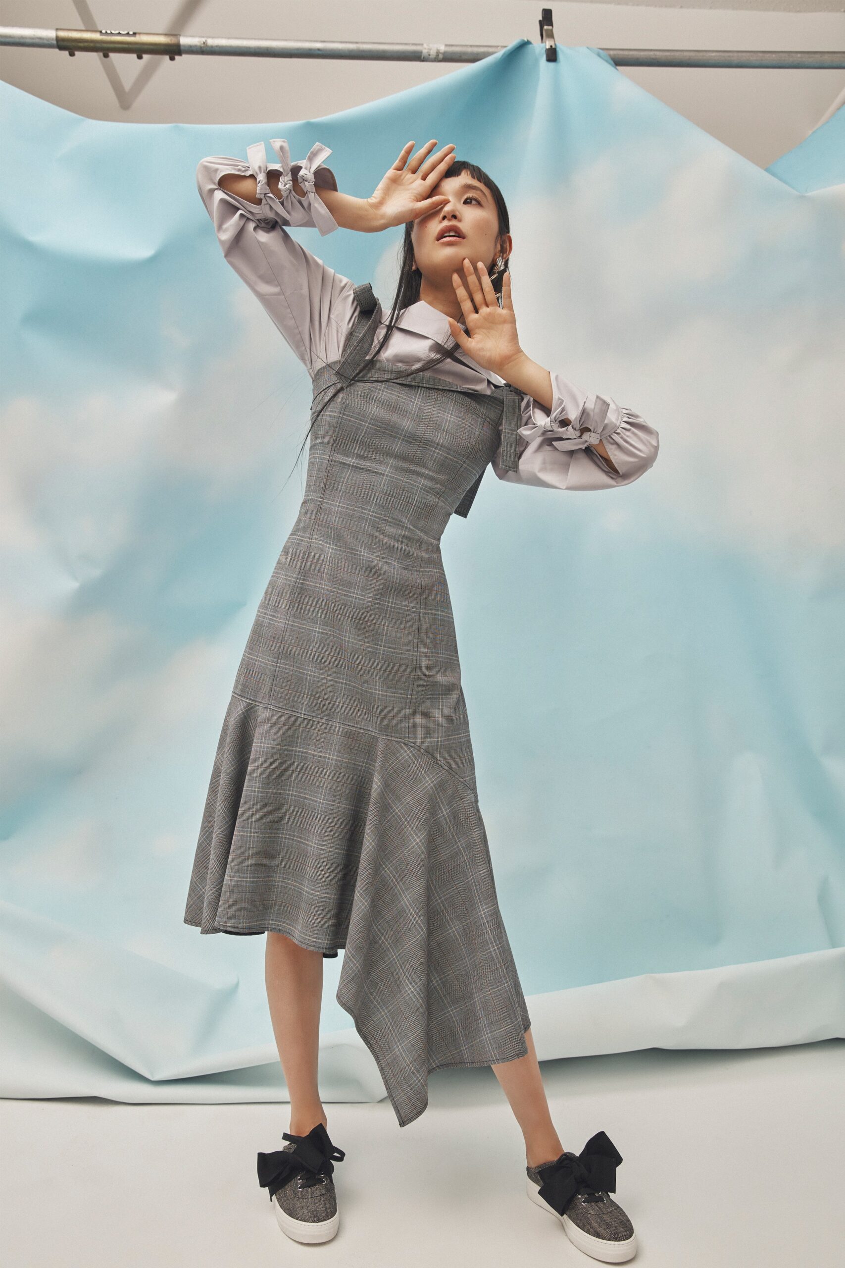 gray asymmetric midi dress with white shirt