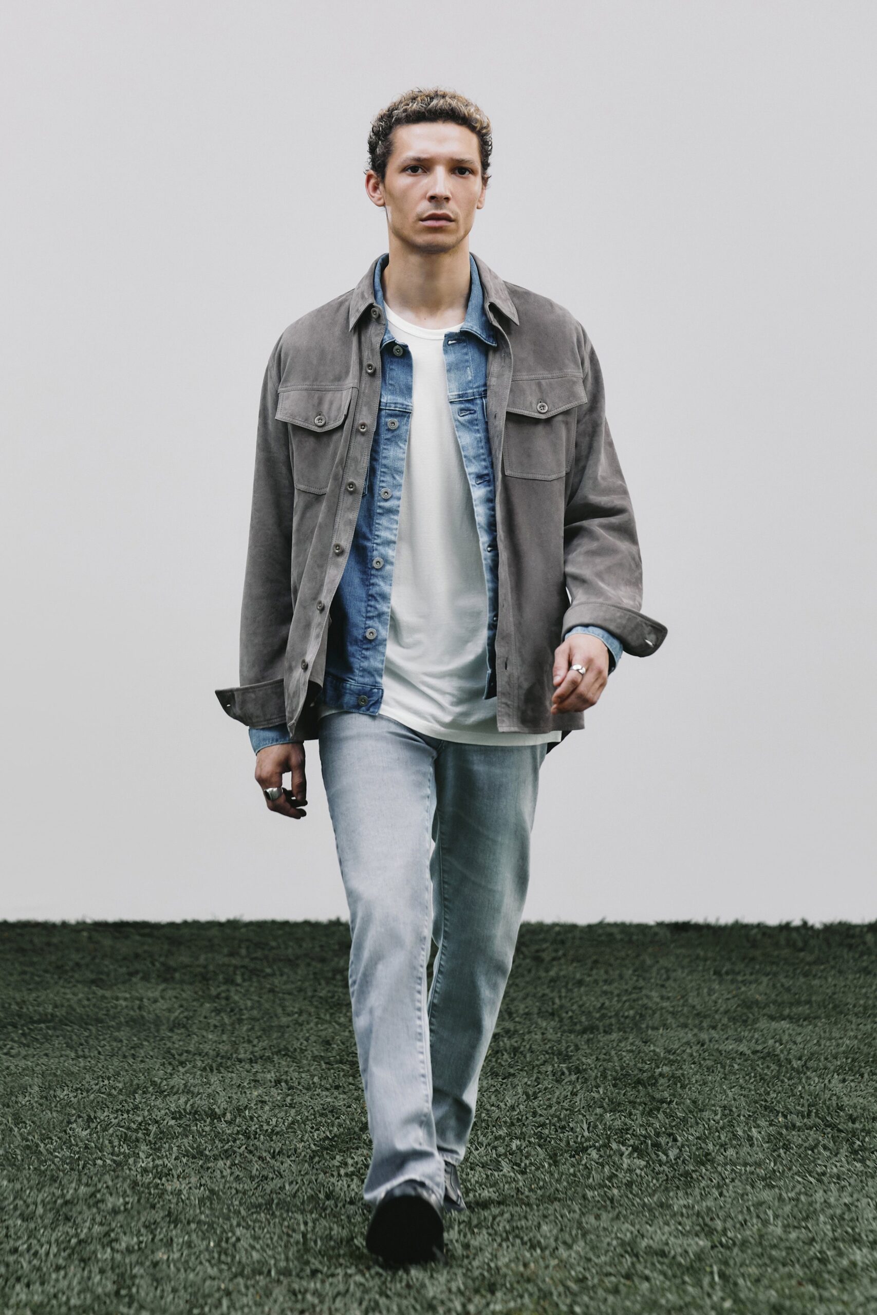 gray jacket with denim shirt