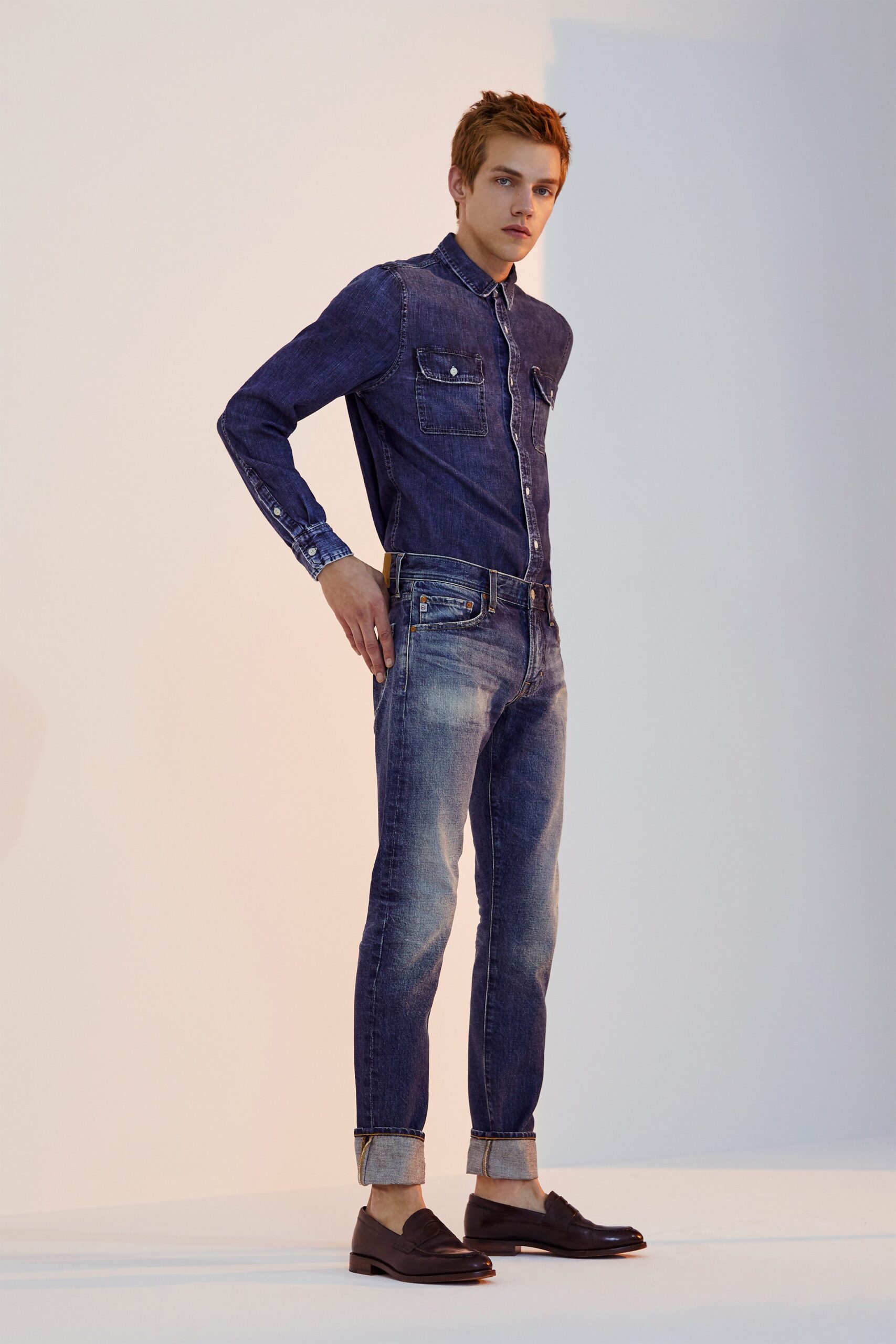 fitted denim shirt and pants