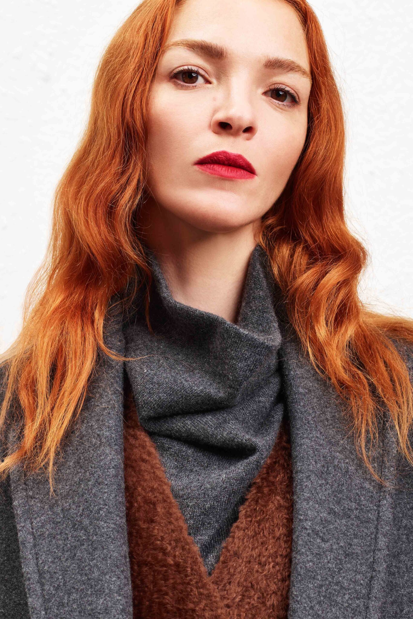 gray wool long-sleeve high-neck relaxed draped coat