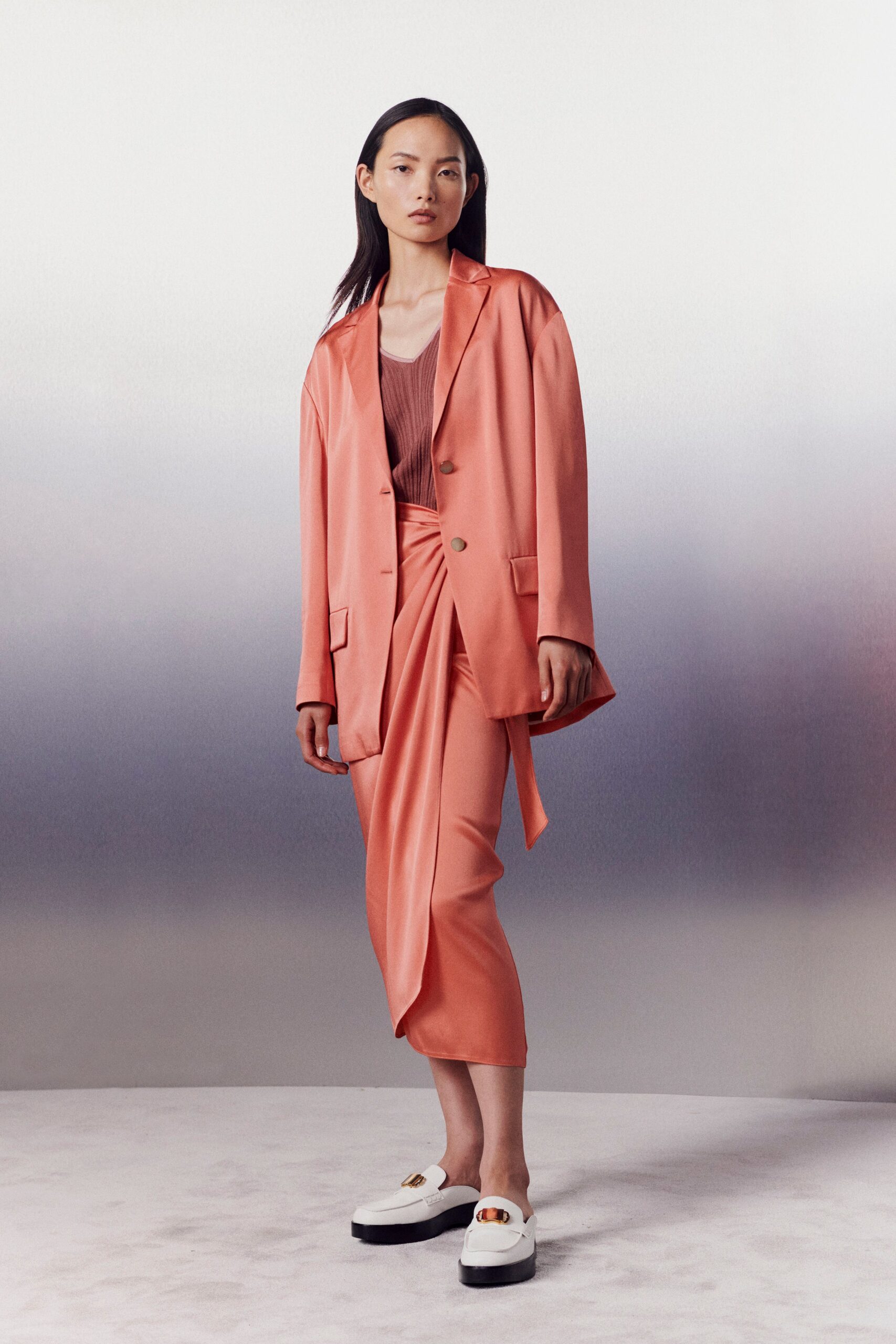 pink silk blazer and skirt