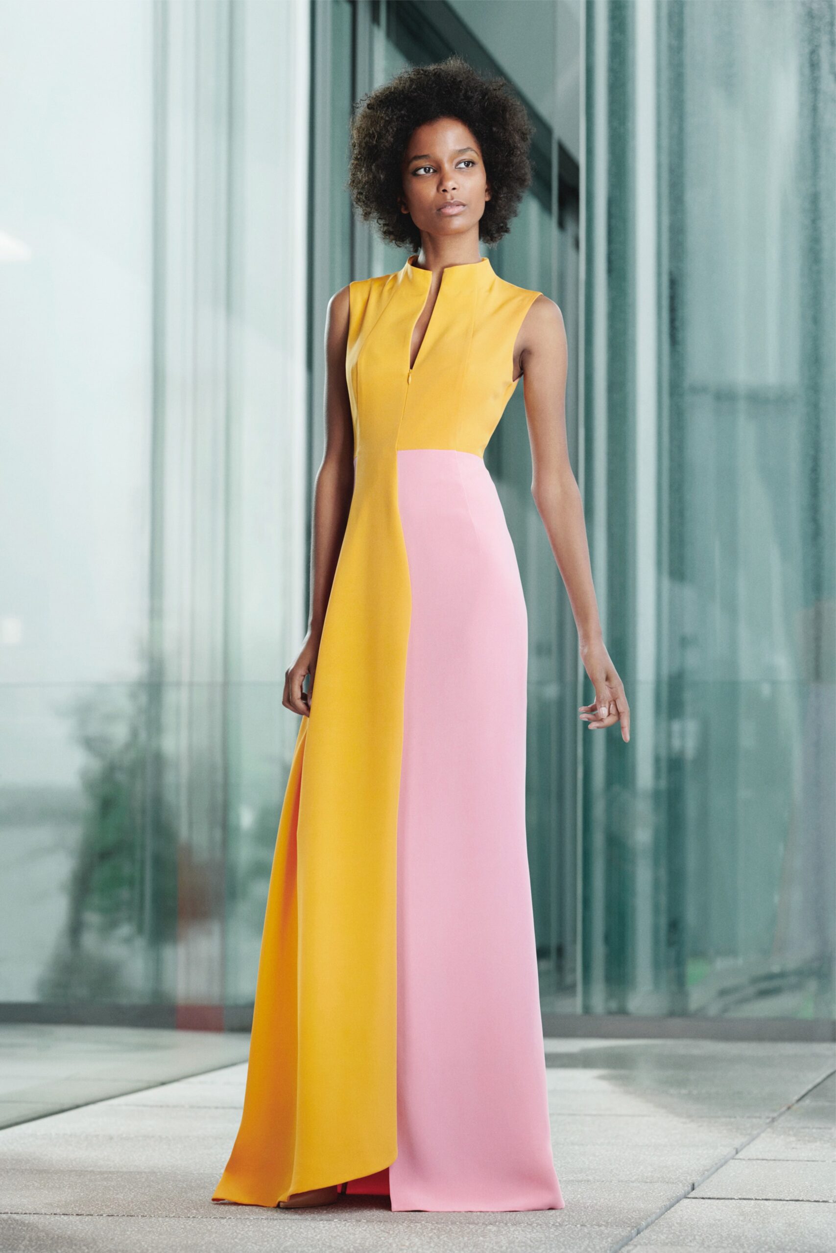 yellow and pink color-blocked gown