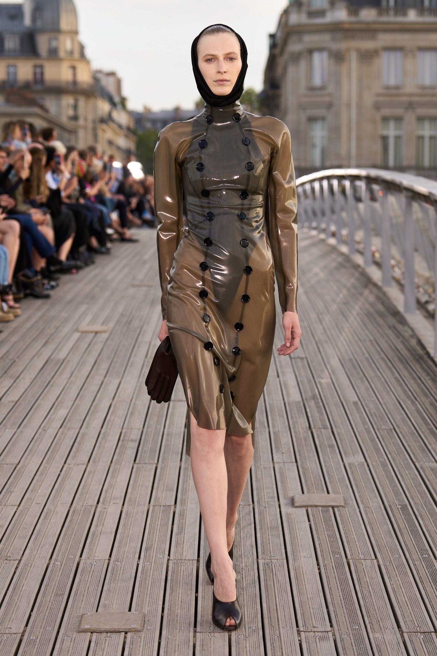 brown vinyl long-sleeve v-neck fitted buttoned shiny dress