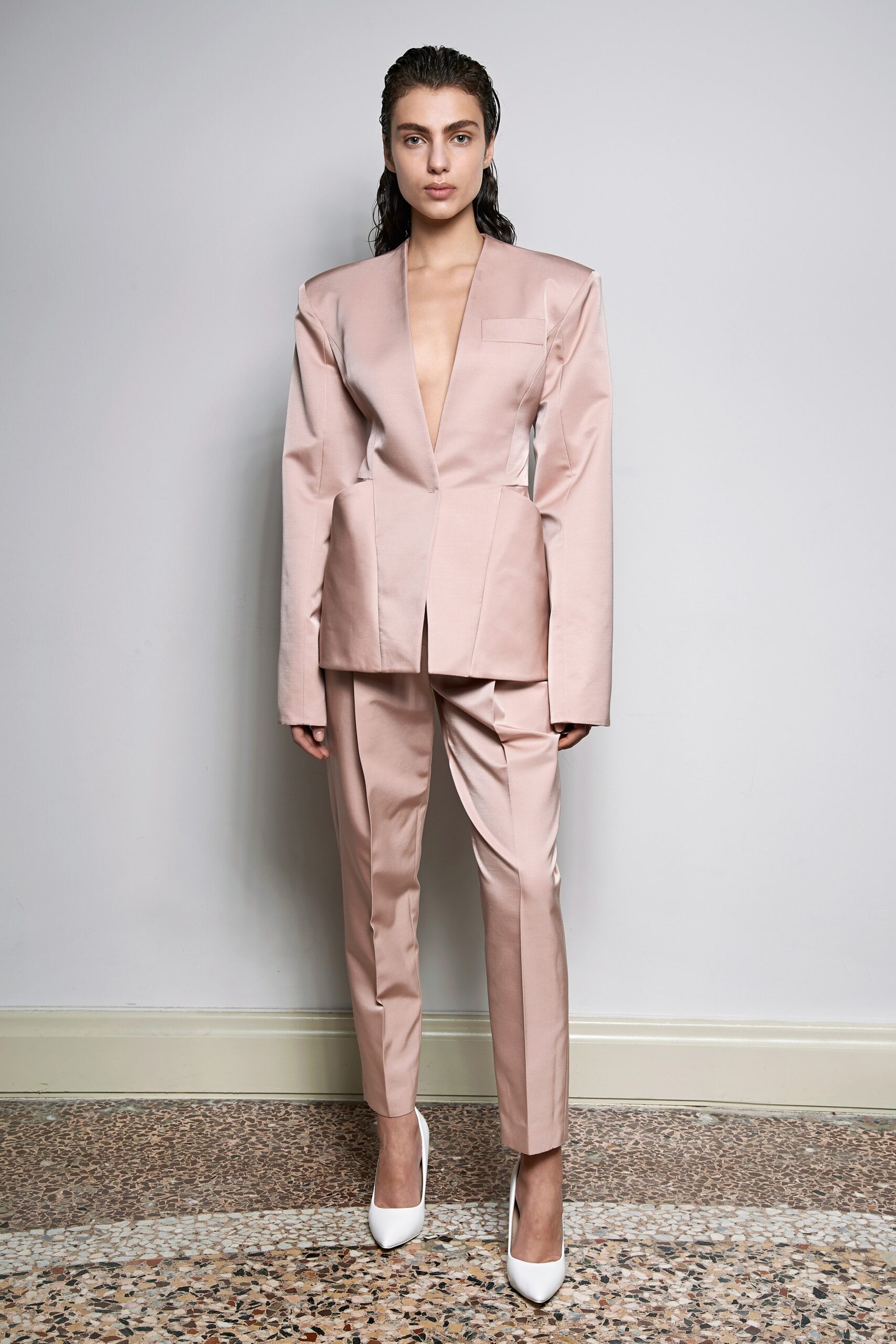 tailored pink silk suit