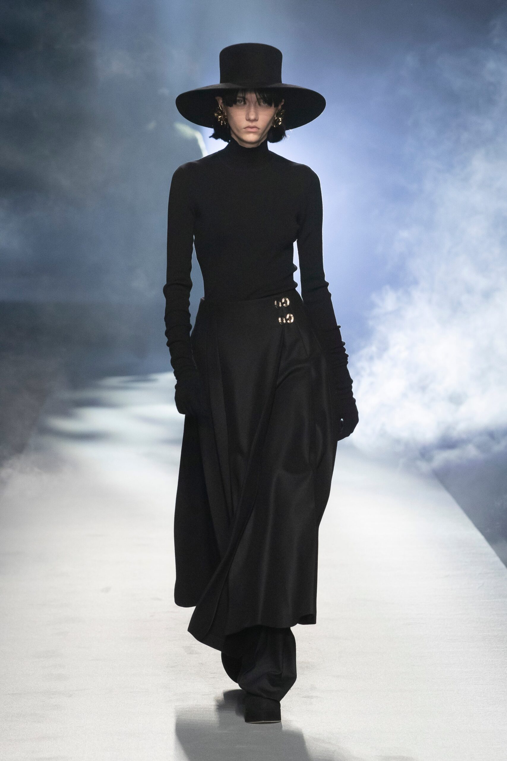 black wool asymmetric fitted high-waisted pleated midi skirt