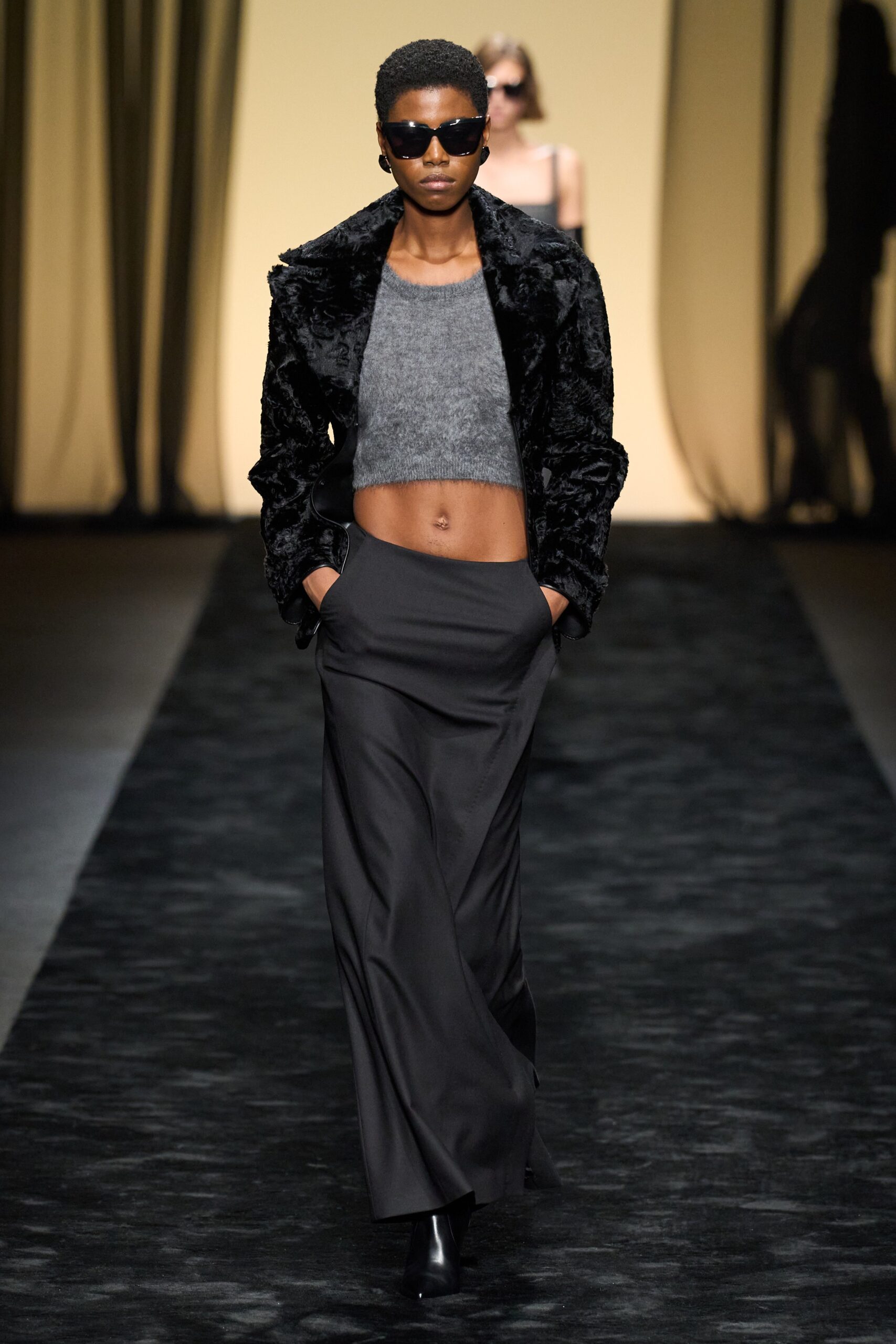 black faux-fur jacket gray crop-top