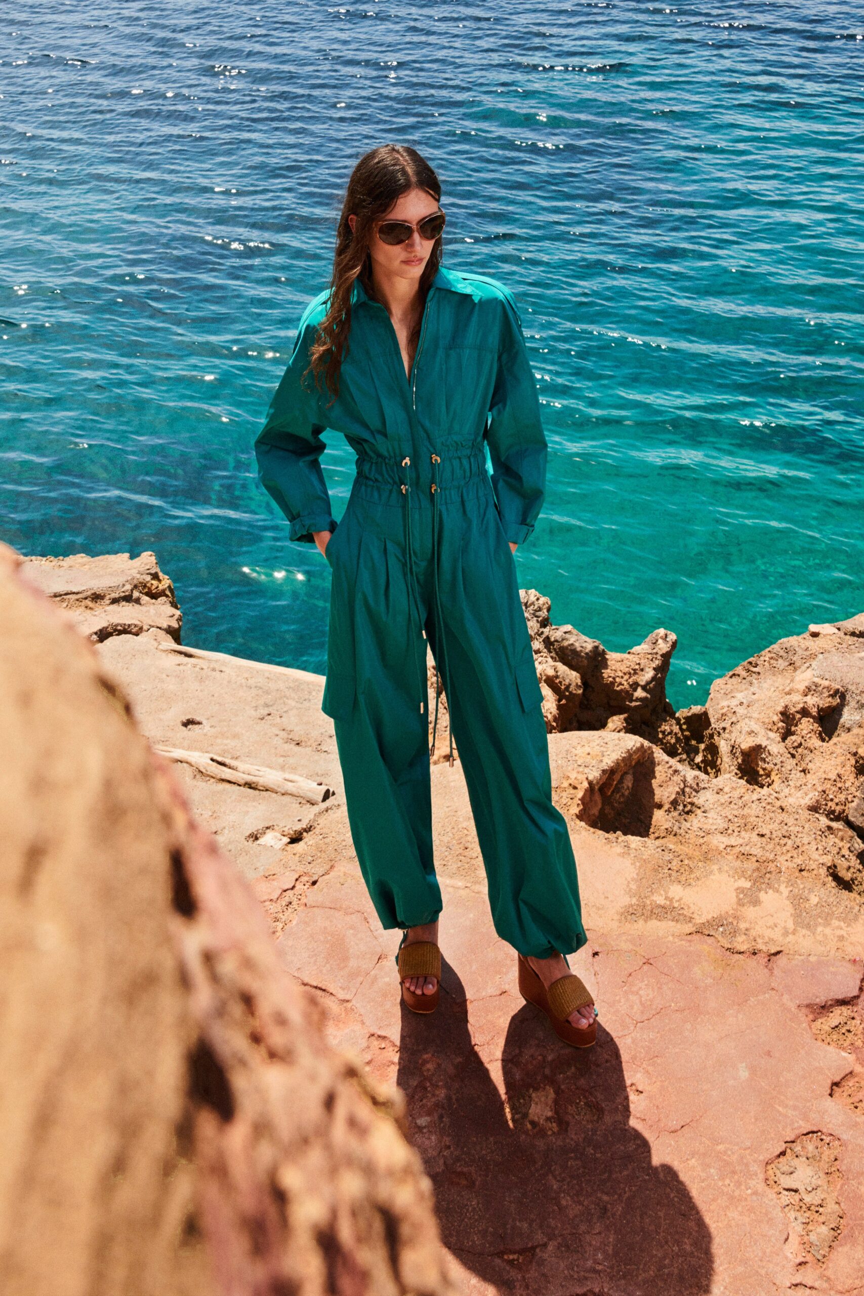 teal cotton long-sleeve collared relaxed zippered pockets jumpsuit