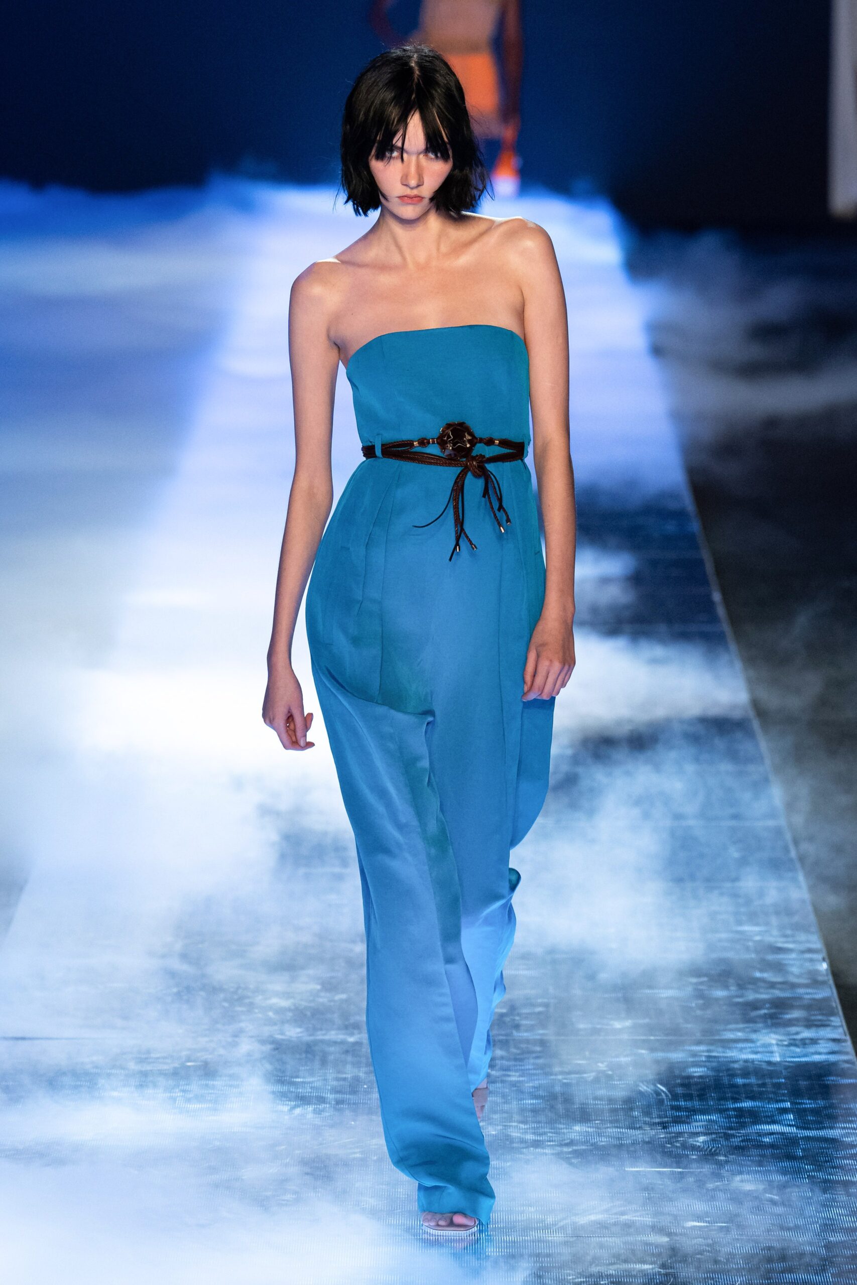 blue silk strapless jumpsuit