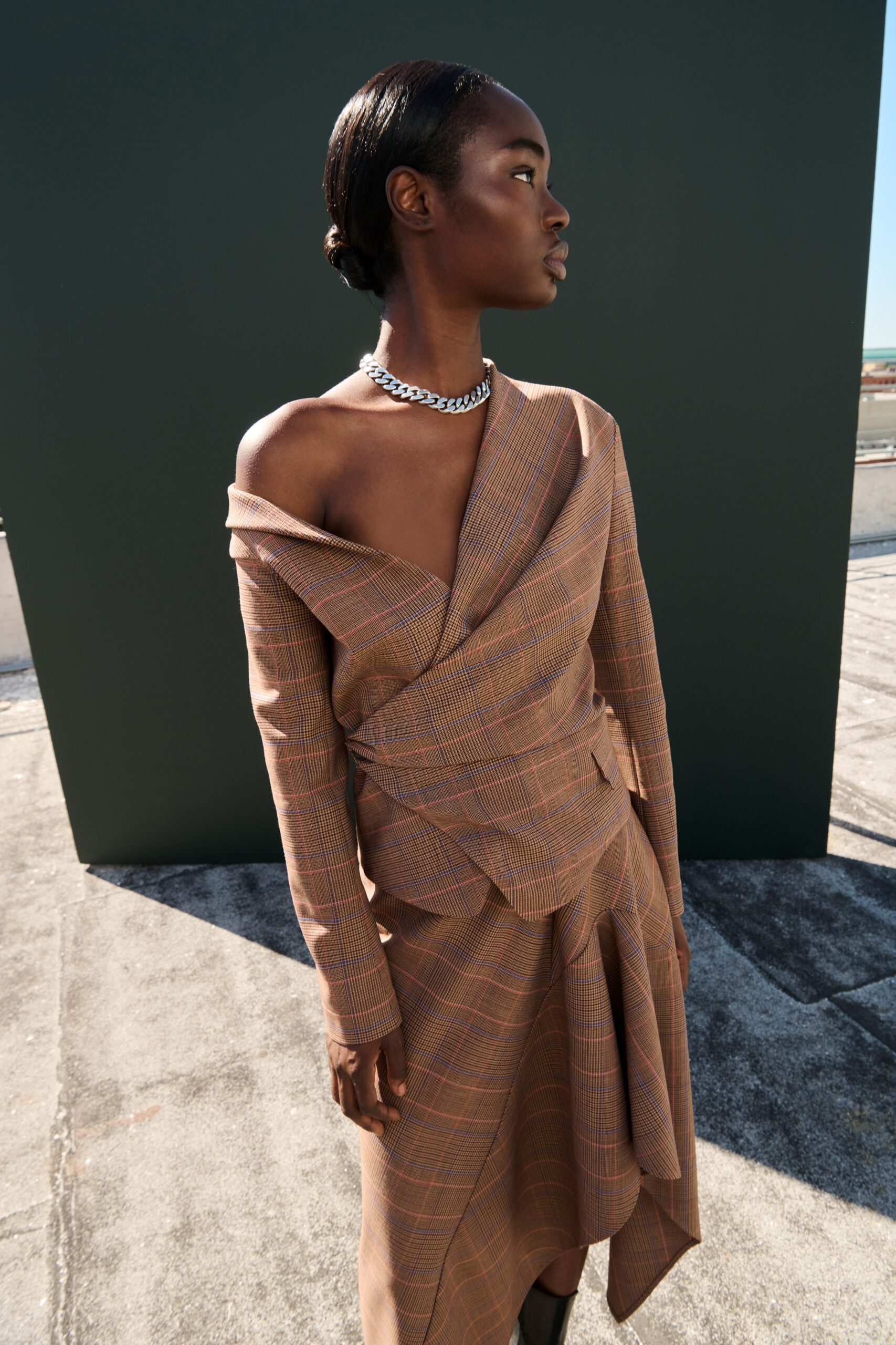 brown beige draped midi dress