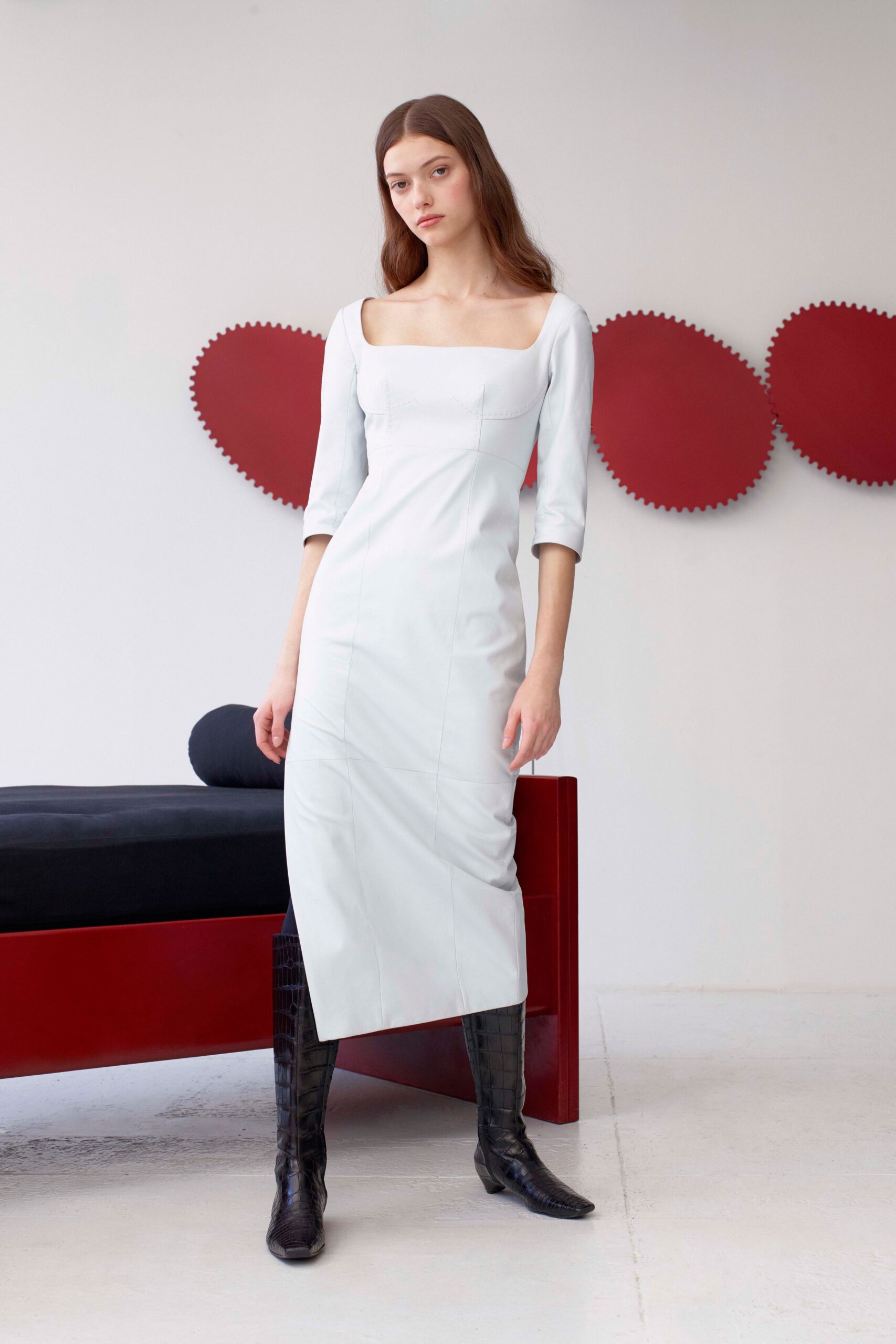 fitted white midi dress with boots