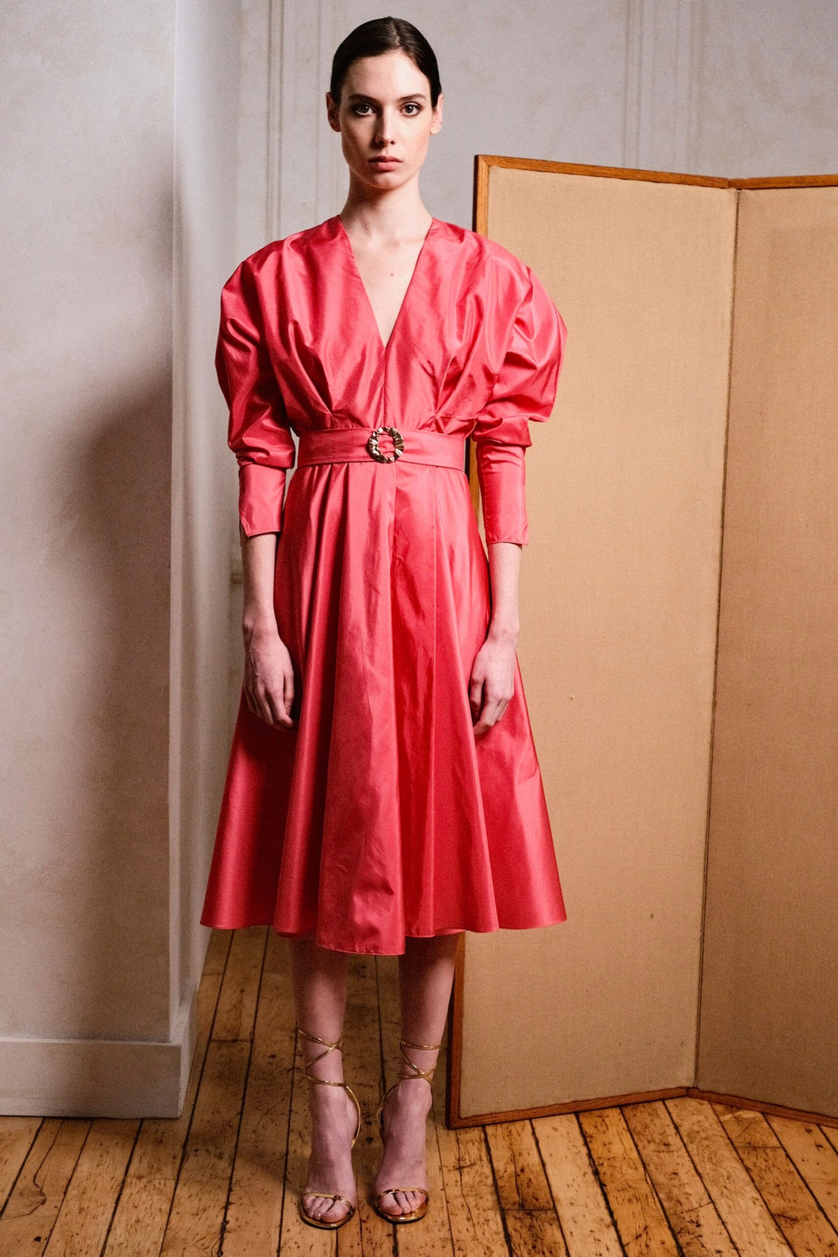 pink silk belted midi dress