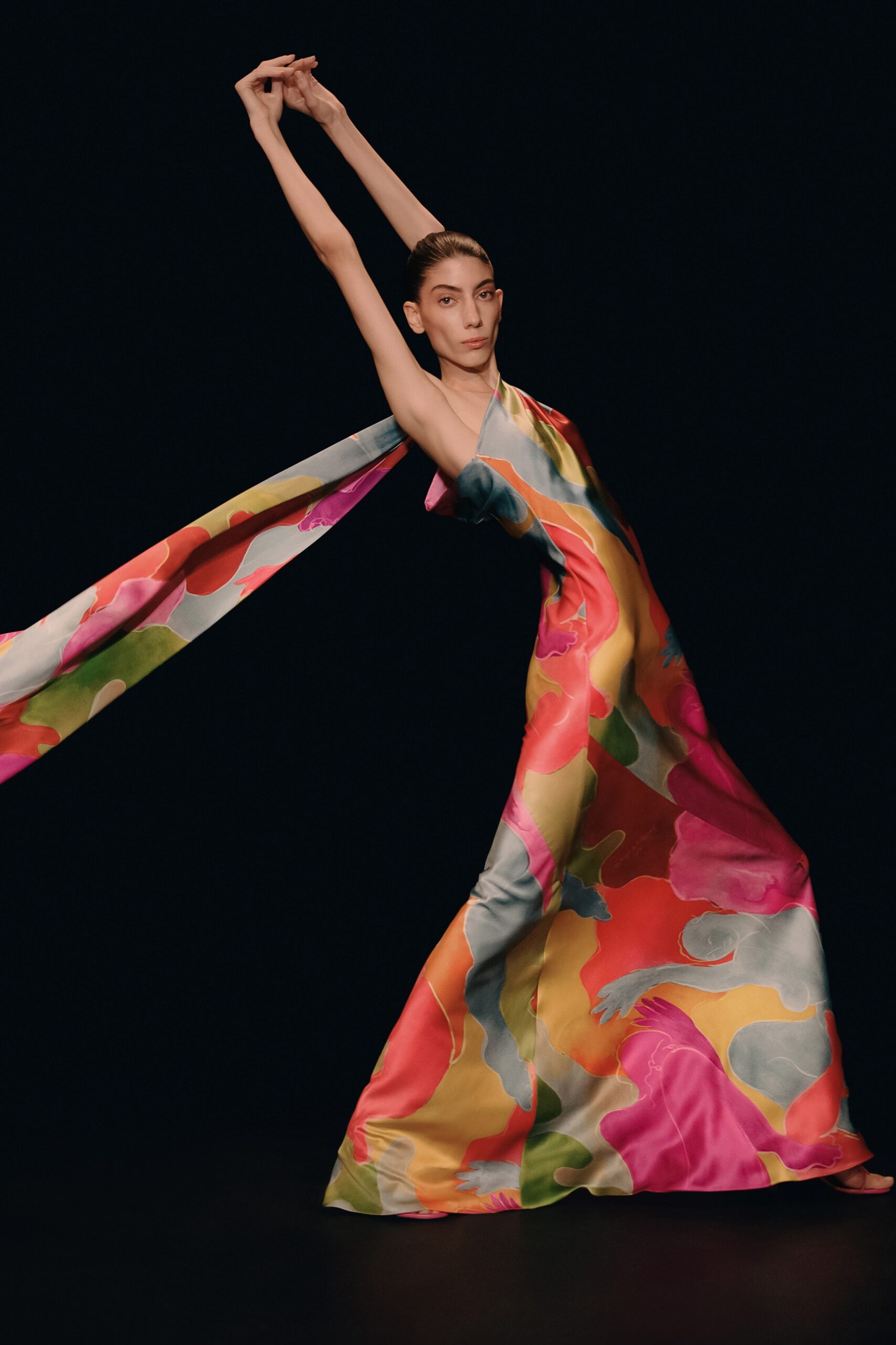 multi-colored silk draped gown