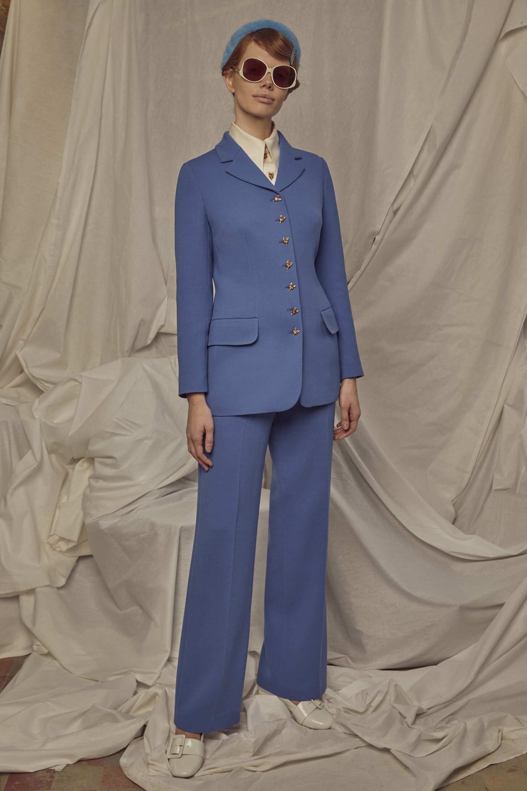 blue long-sleeve collared tailored buttoned flared suit