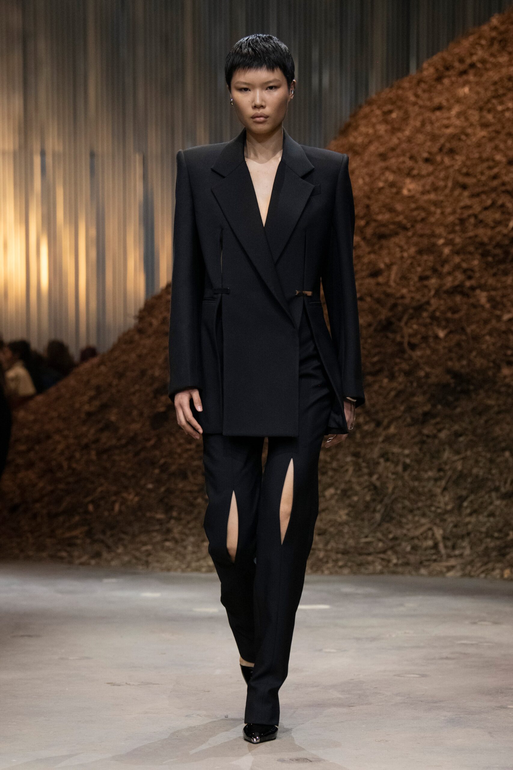 black wool long-sleeve v-neck tailored buttoned suit