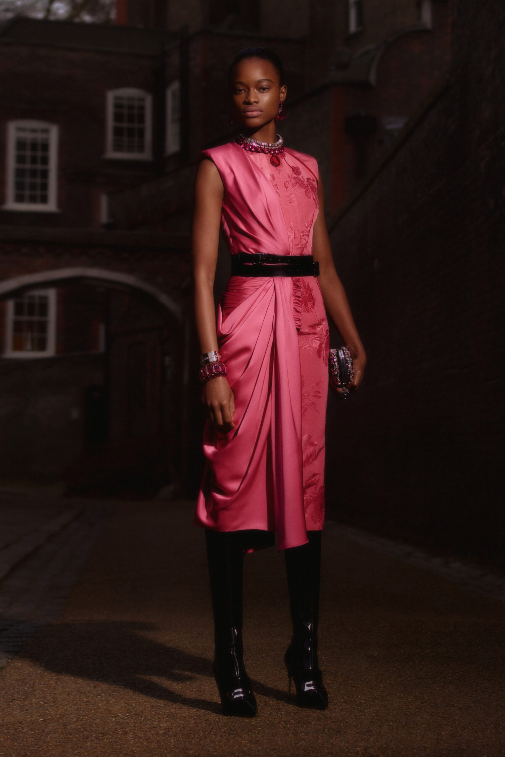 pink silk sleeveless high-neck fitted draped midi dress