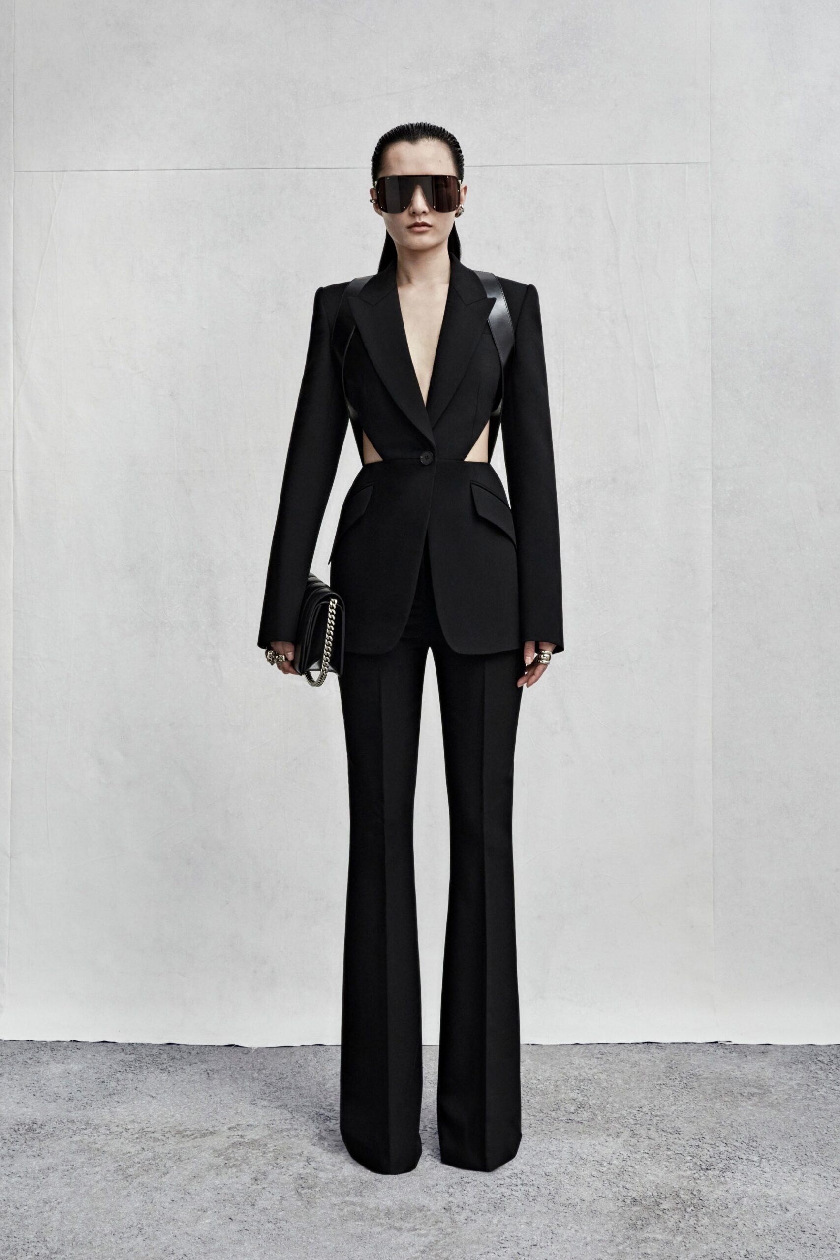 fitted black wool suit
