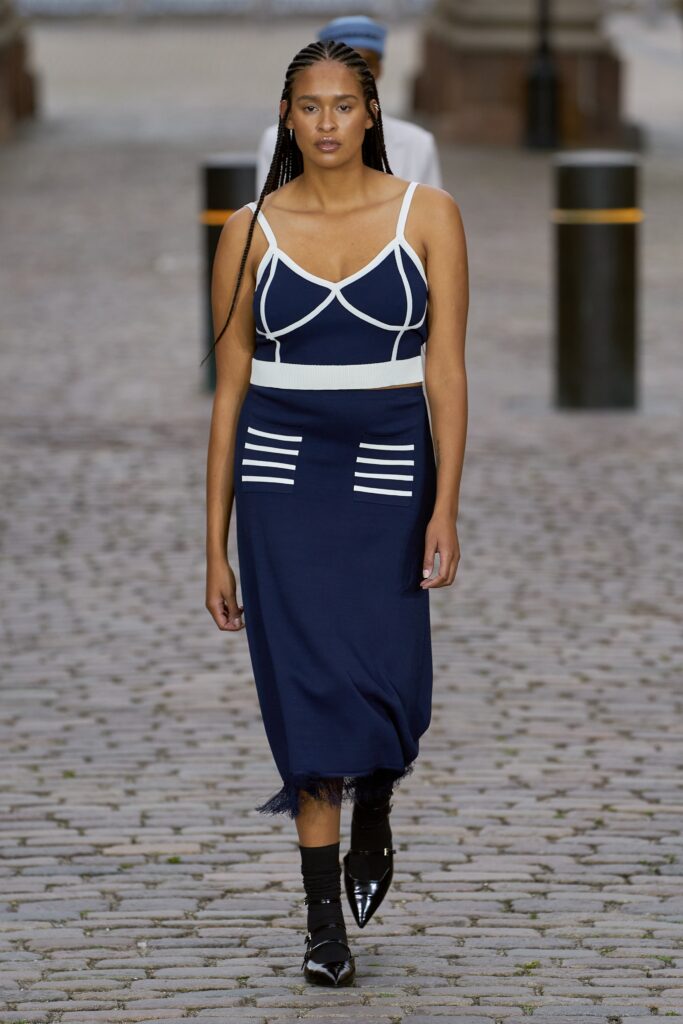 navy and white fitted midi dress