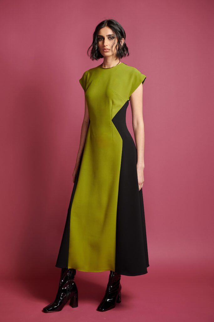 green and black color-blocked midi dress