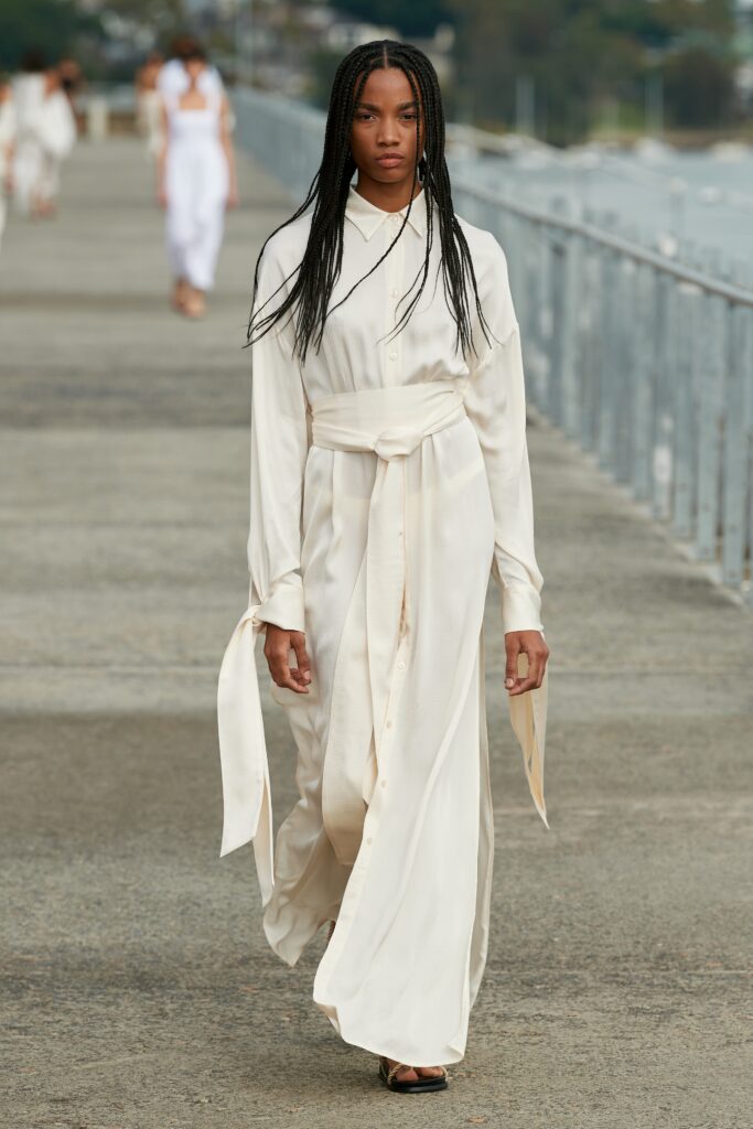 white silk long-sleeve belted dress