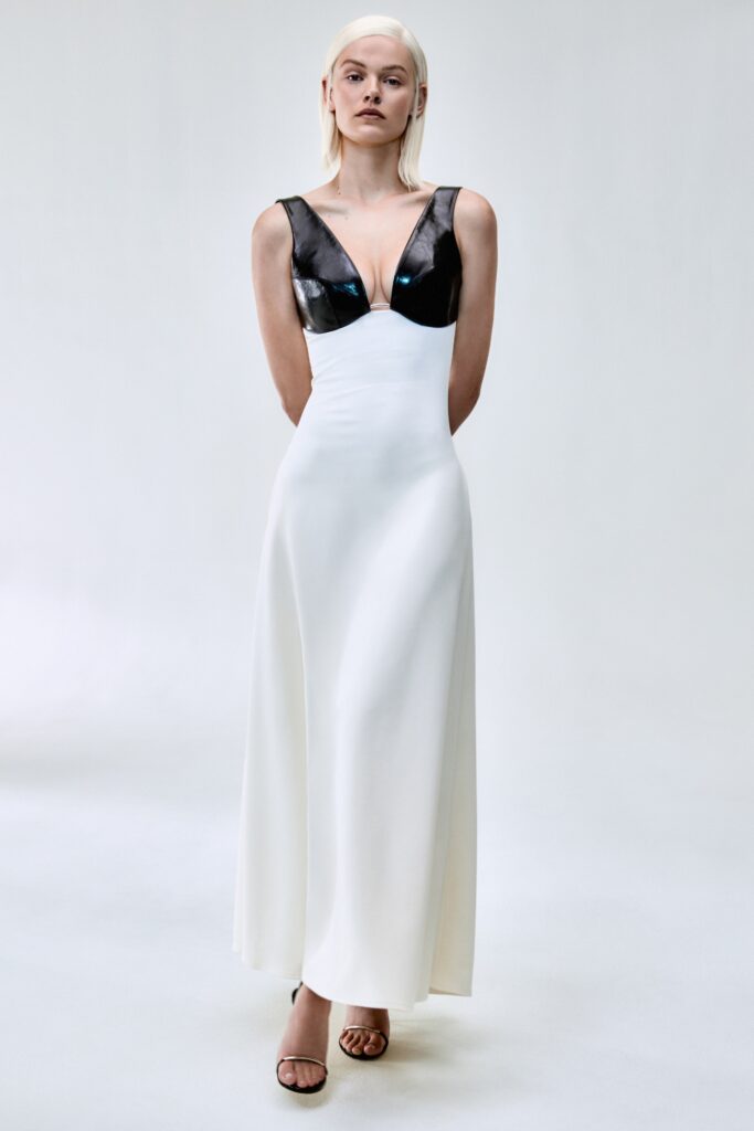 white silk sleeveless gown