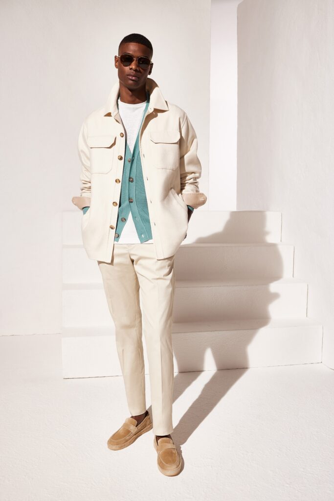 white jacket teal sweater beige pants