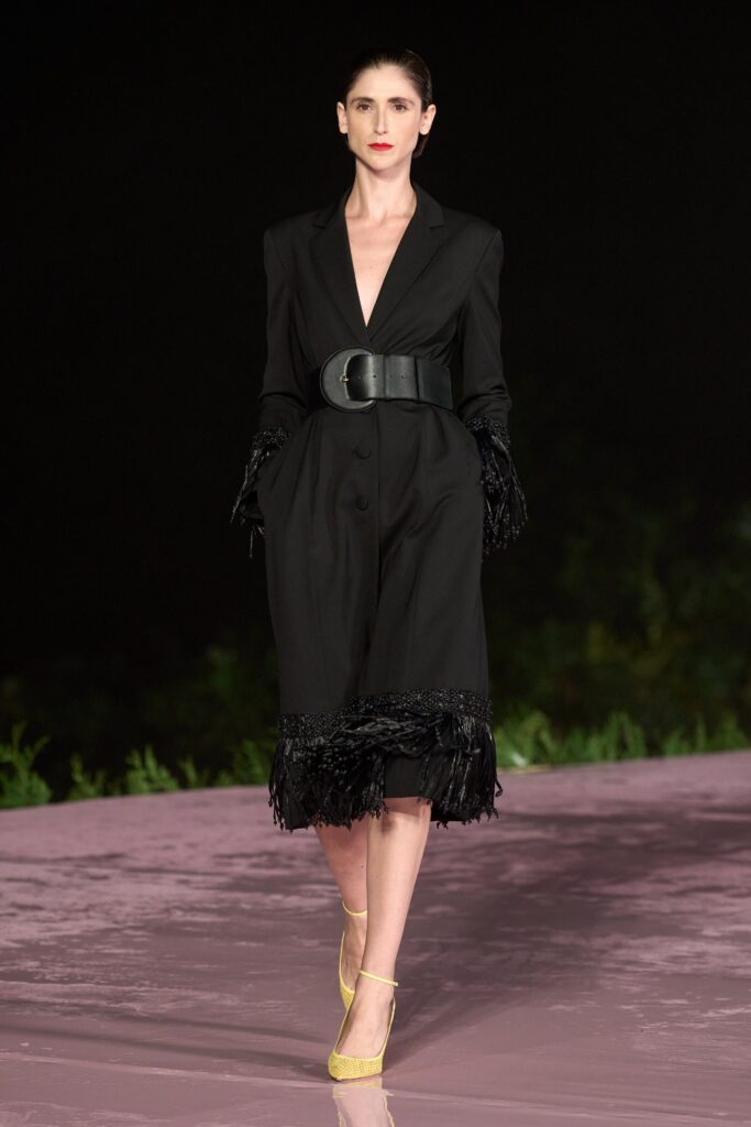 A fitted black silk dress with long sleeves, a V-neckline, and fringed detailing.