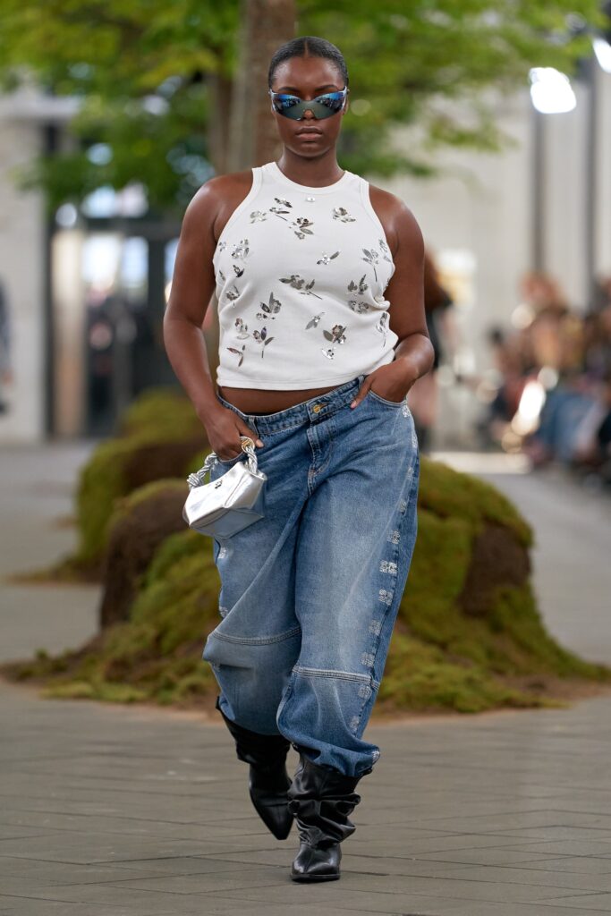 white fitted top with blue jeans