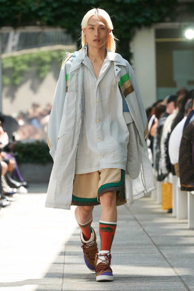 A relaxed gray cotton shirt with a collared neckline paired with beige shorts.