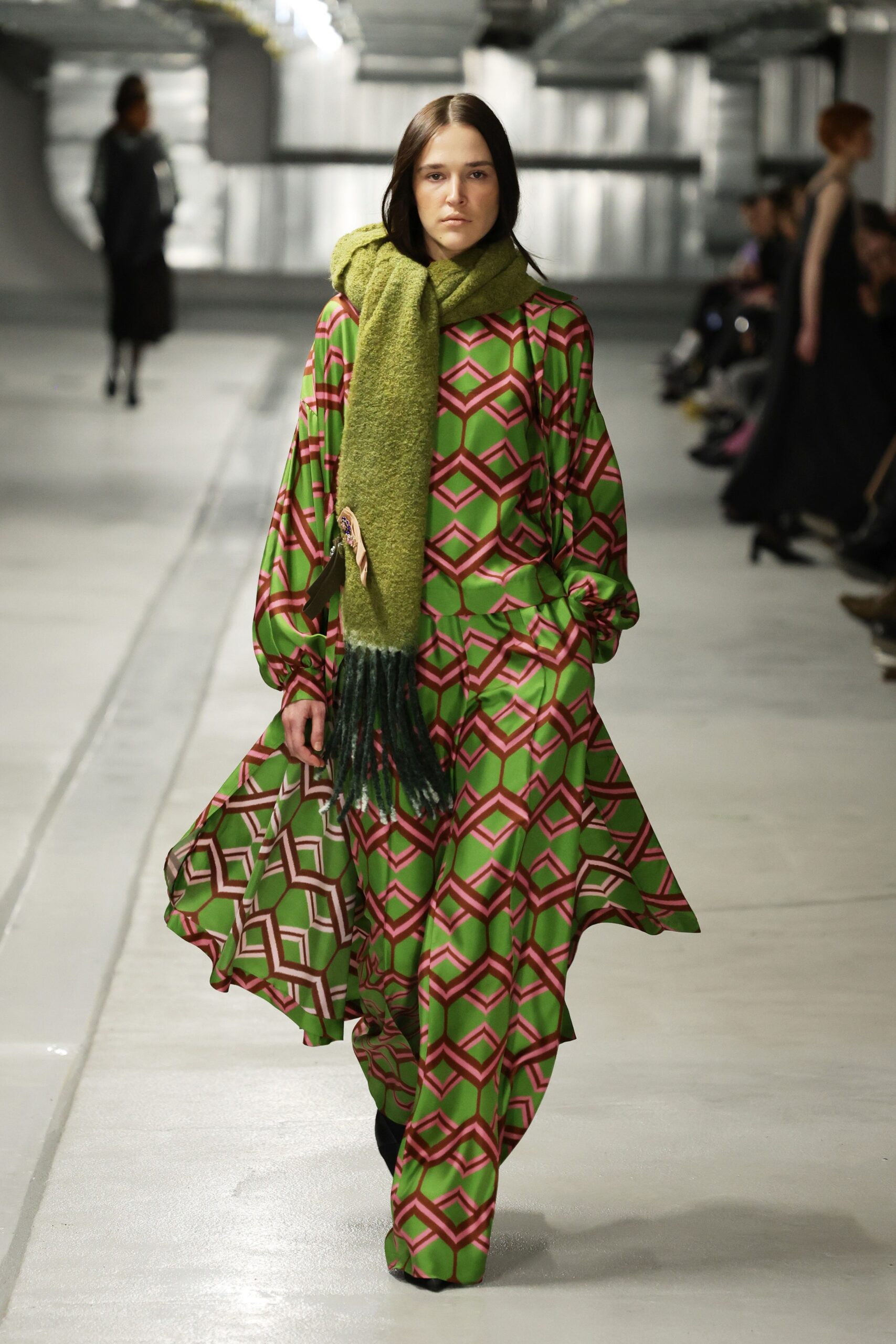 green printed midi dress with scarf