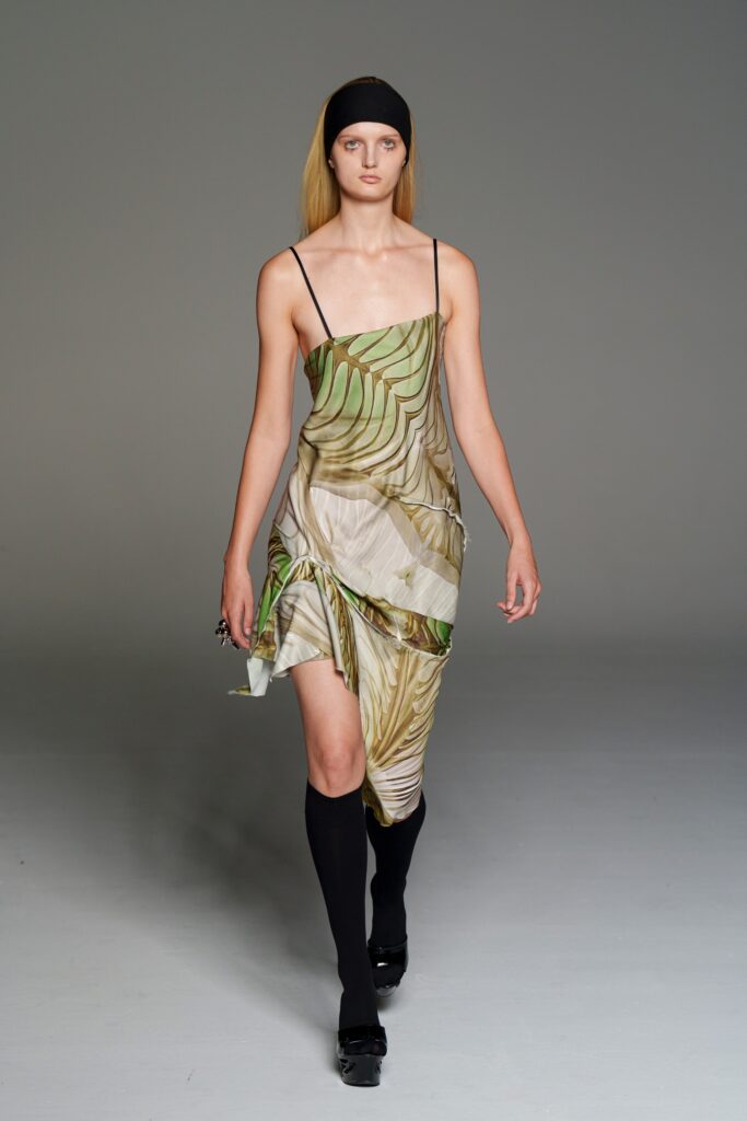 green and white silk dress