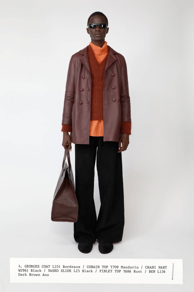 A relaxed brown wool coat with a collared neckline paired with black wide-leg pants.